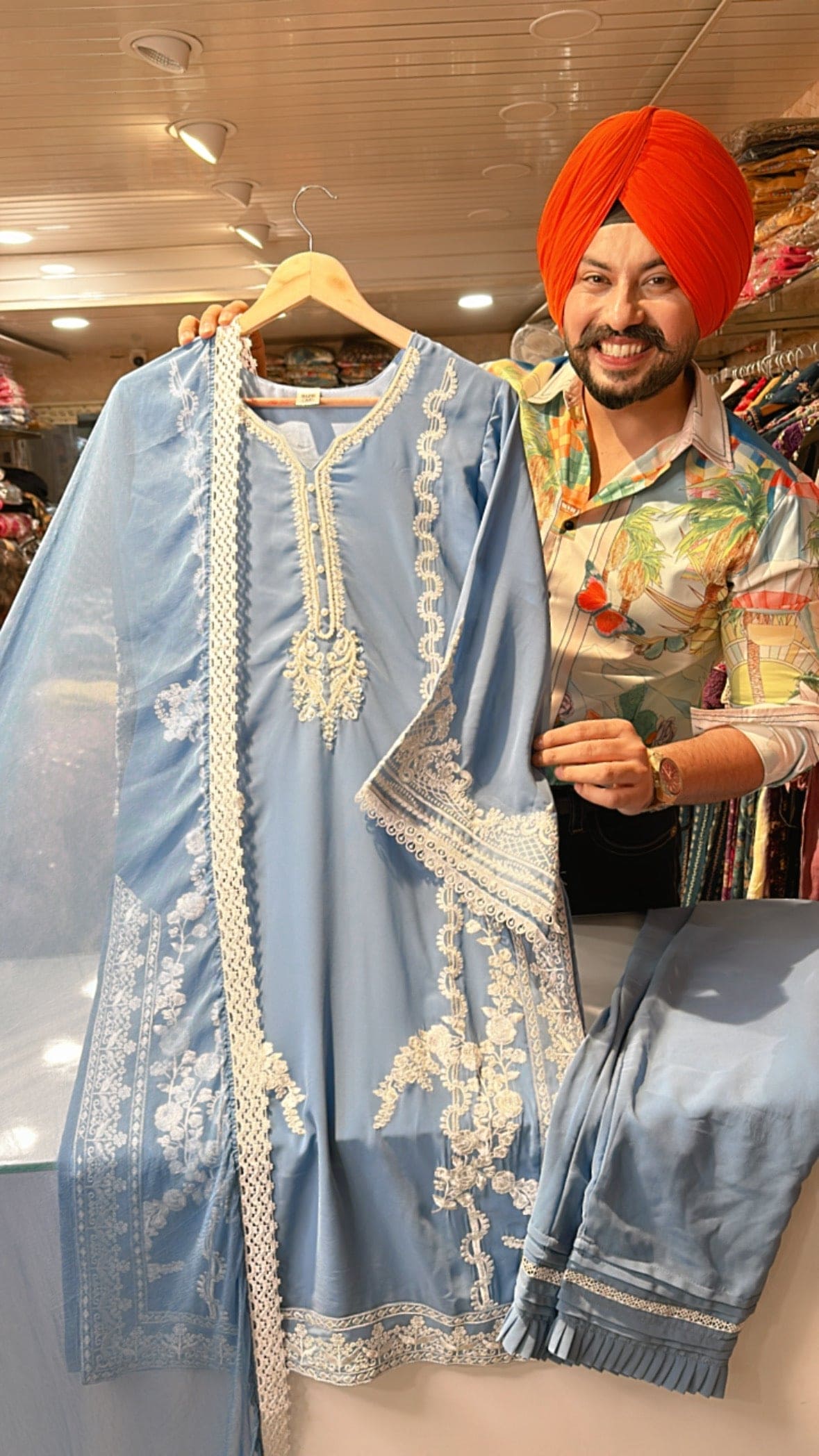 Sky Blue Georgette Kashmiri suit with Pearl Handwork