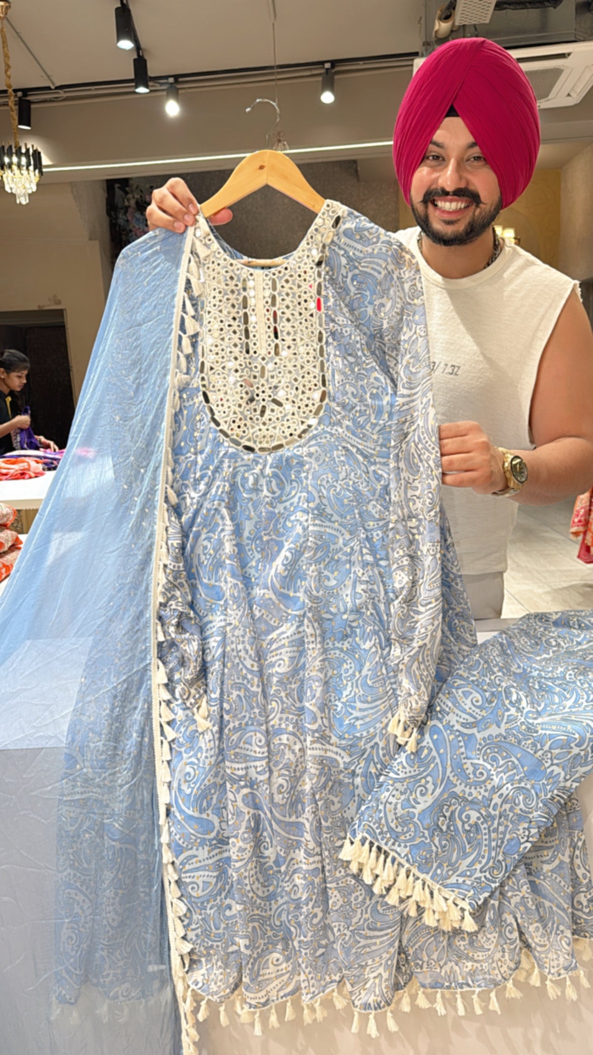 Light Blue Soft Chiffon Full Flair Anarkali Suut with Mirror work on neck