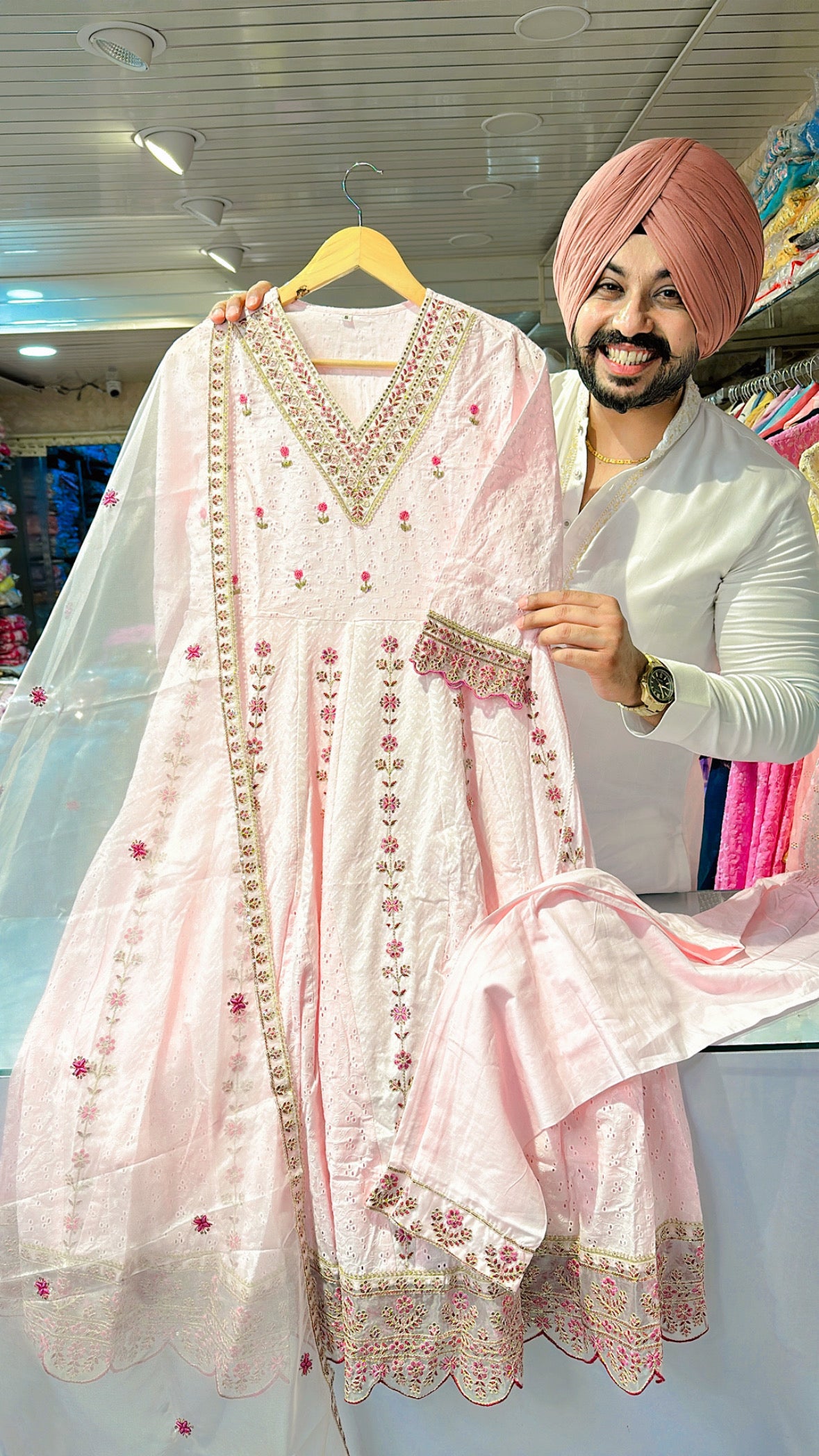 Baby pink V-neck Embroidered Anarkali suit with Beautiful organza Duppata