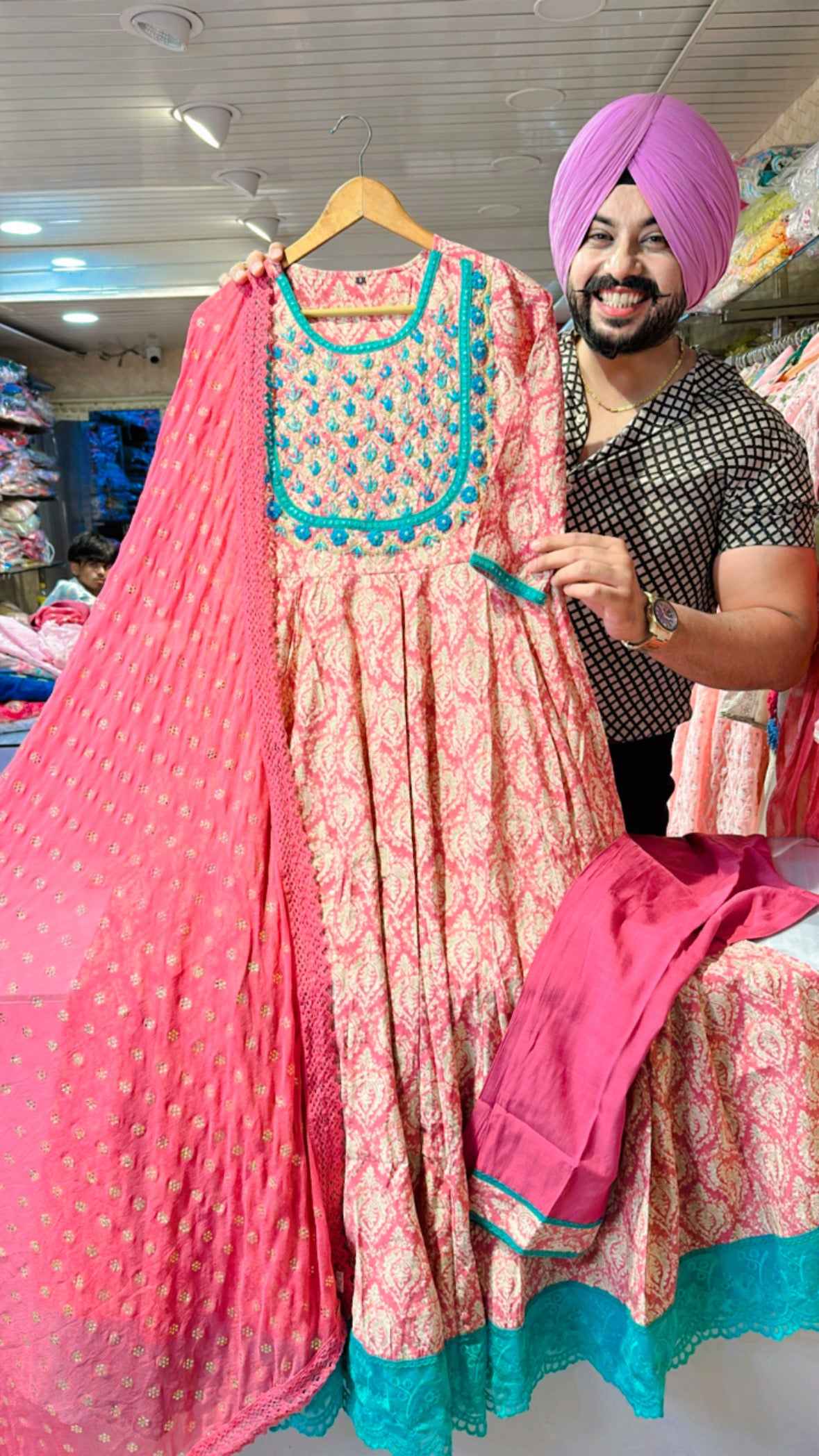 Pink Muslin silk Anarkali Suit with Beautiful handwork on neck & Mukash Duppata