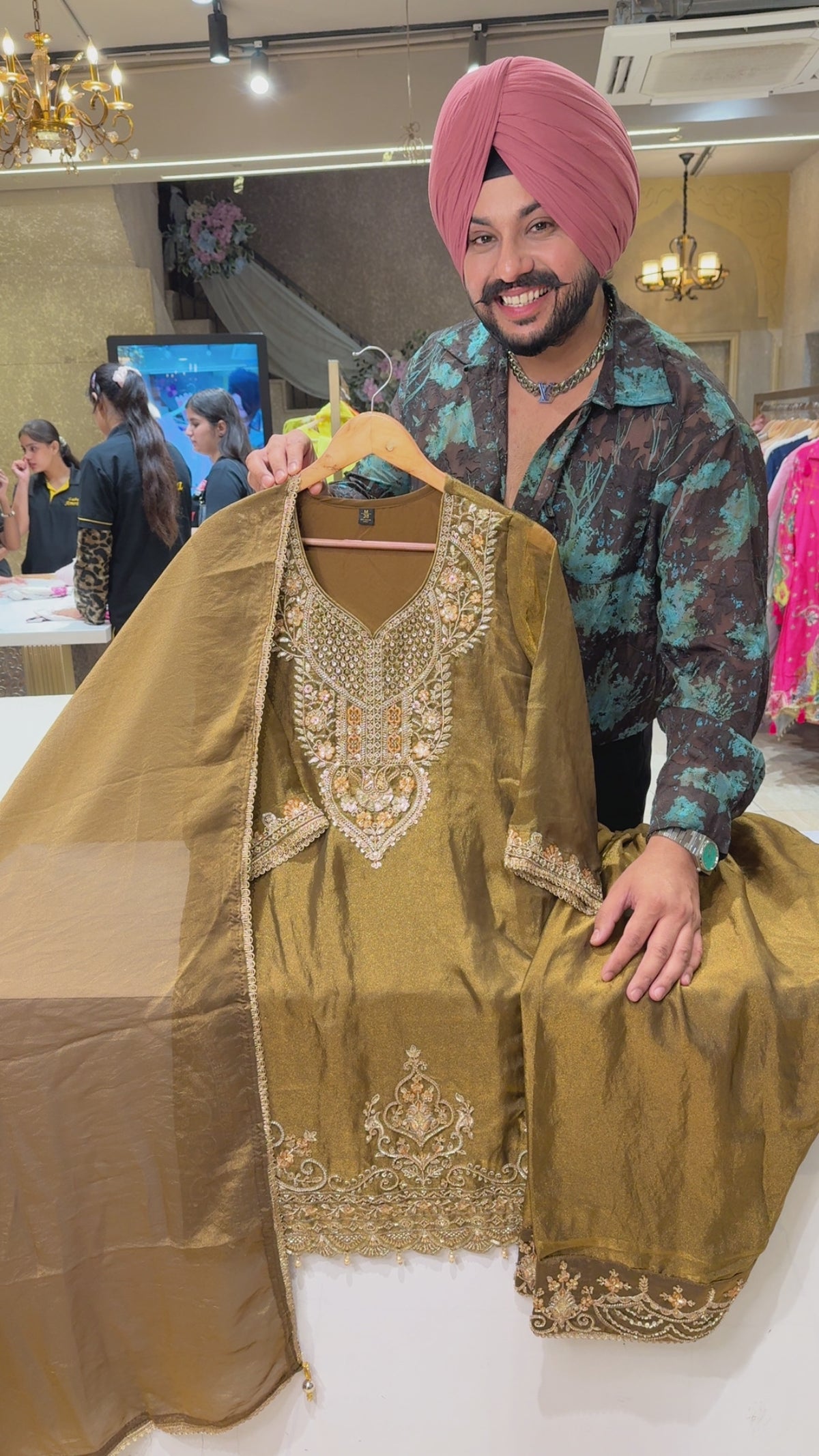 Goldenish Brown Shimmer Tissue Hand embroidered Party Wear farshi Salawr Suit