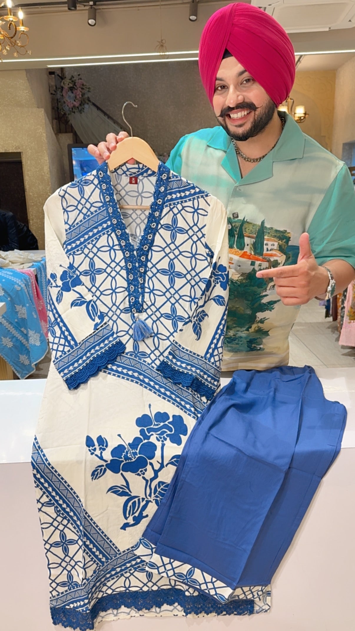 Moon white & Blue soft Rayon Office Wear Long Length Coord set with Sleek Pearl Work on neck