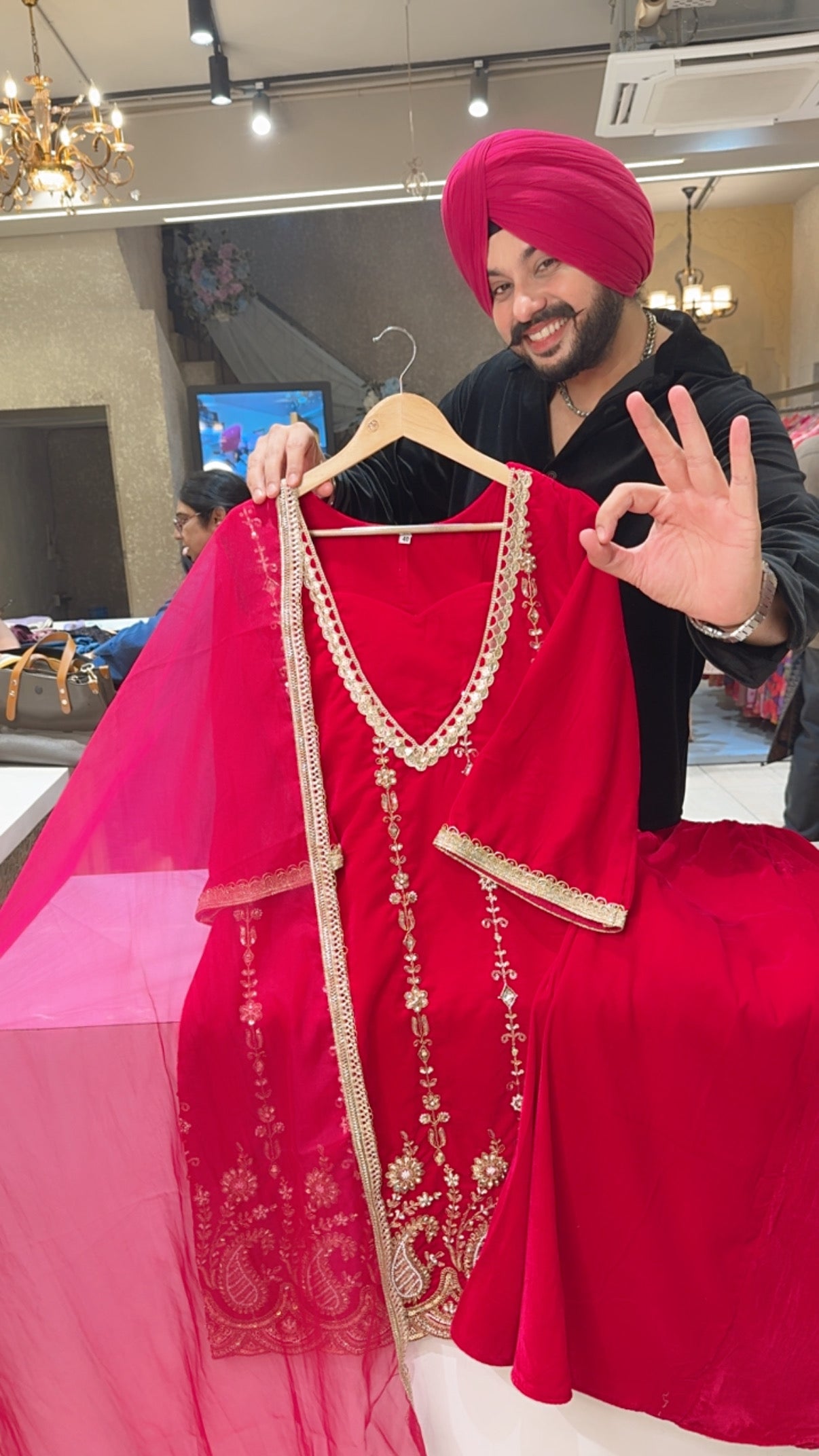 Rani Pink Velvet Heavy hand Embroidered Indowestern Plazo suit with Beautiful Organza Duppata