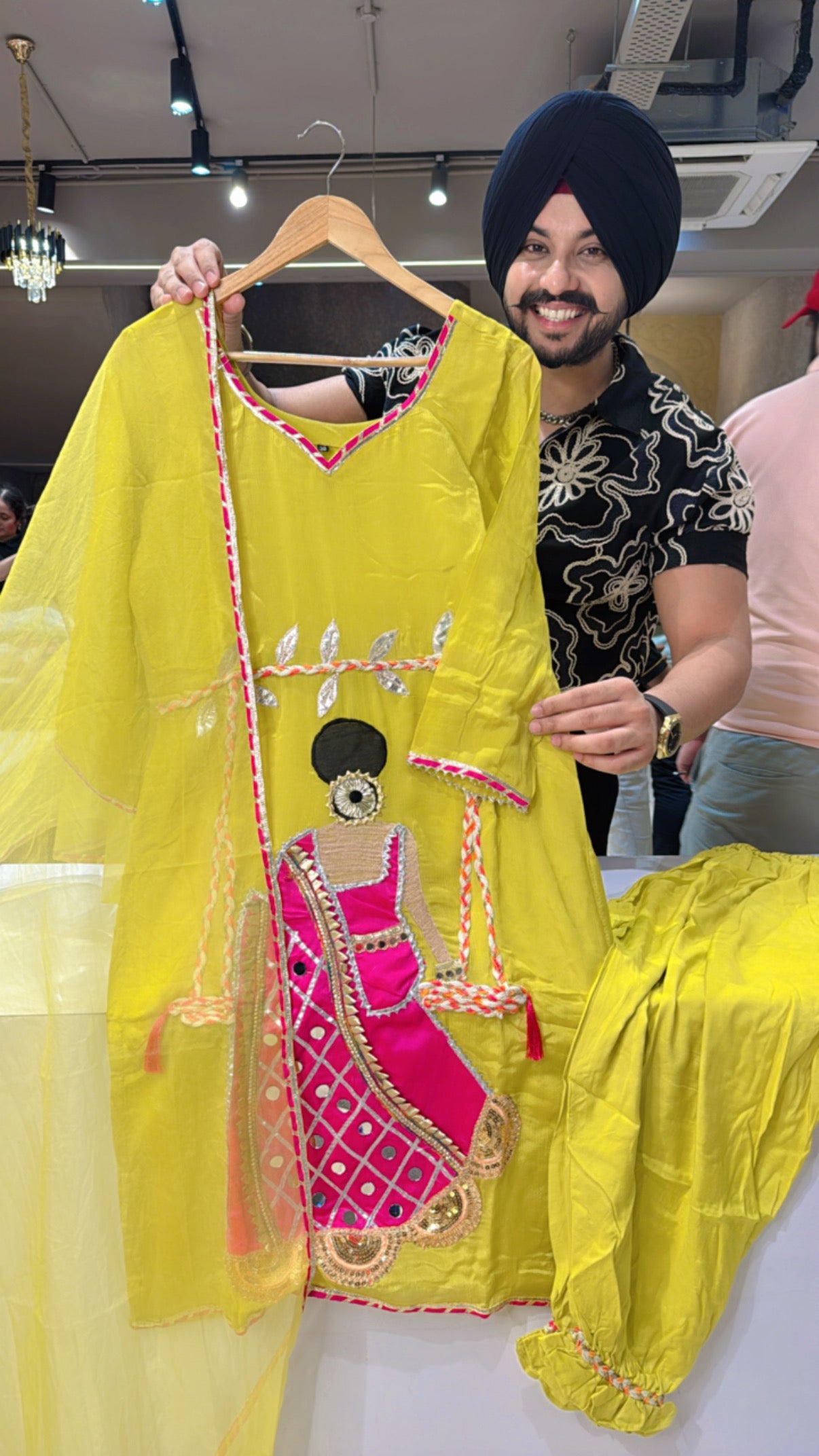 Lime Chinon Doll Hand Embroidered Heavy Straight Pathani Suit with Beautiful Organza Duppata