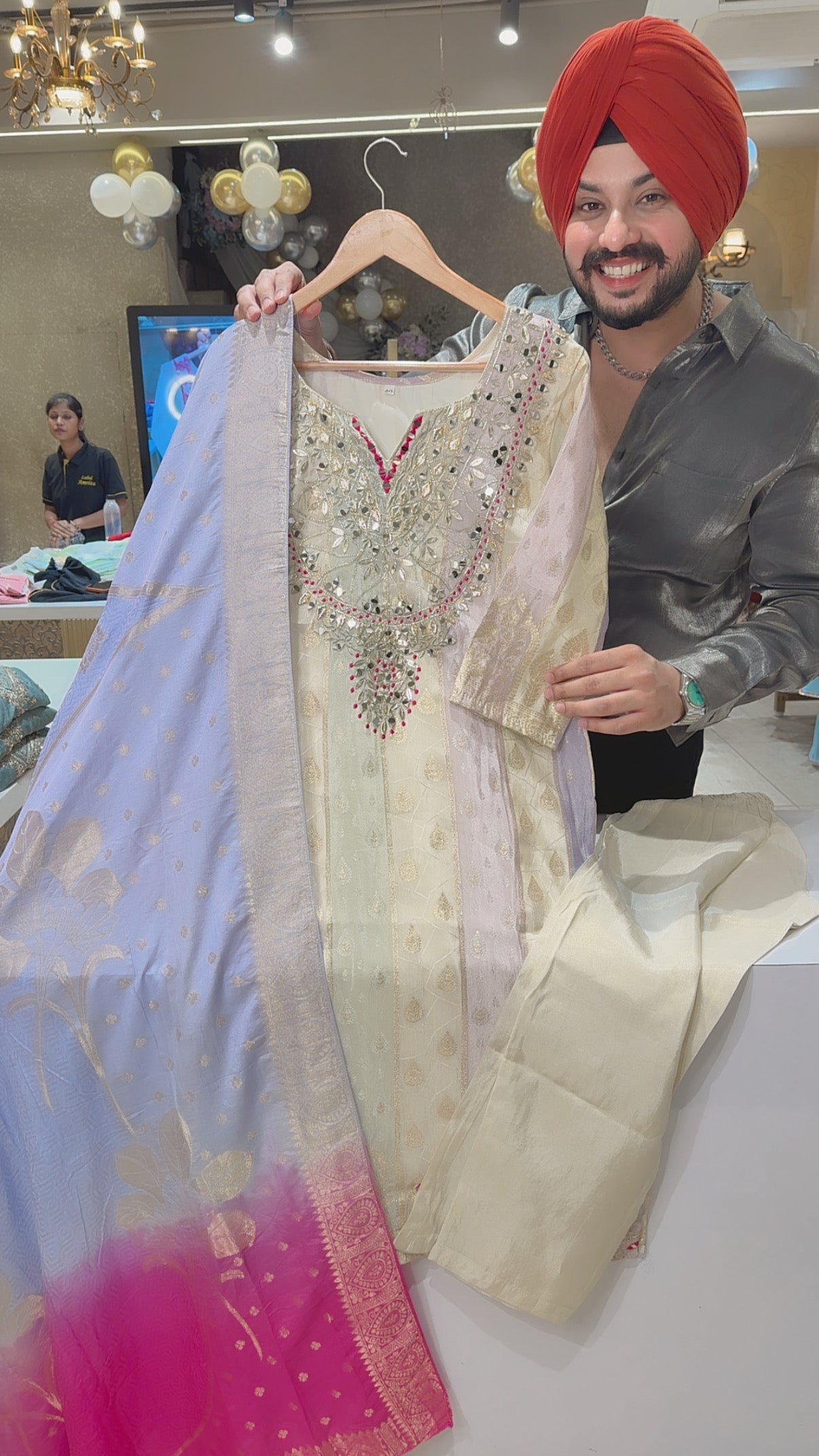 Cream & Multicolired Shimmer silk Mirror Work Party wear Suit with Banarasi Look Duppata