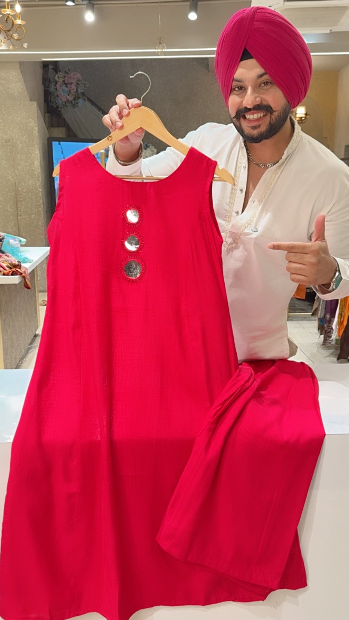 Gajri Color Linen Cotton Mirror work Long Length Cut sleeves Coord set