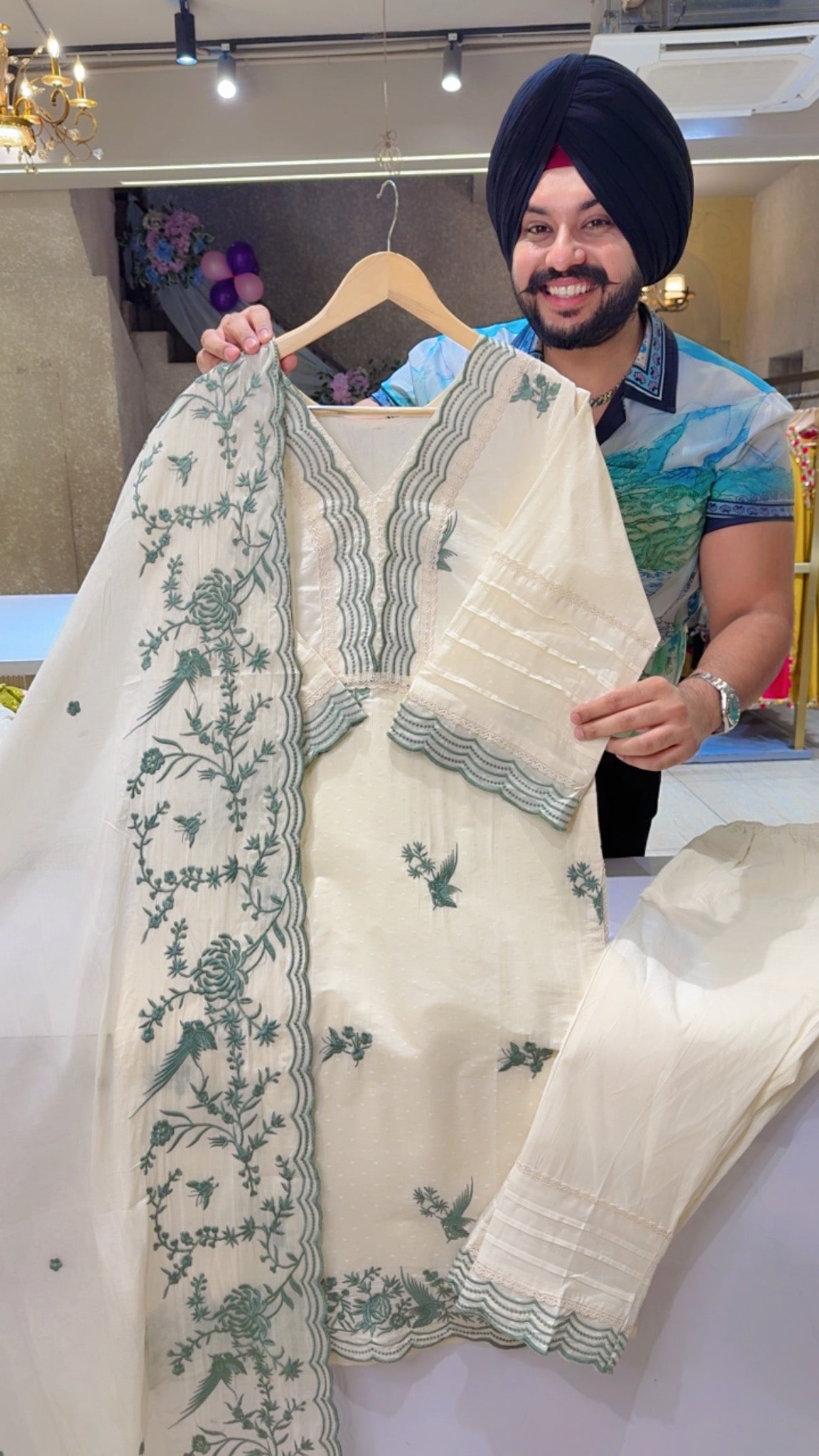 Off white & Green Kora Cotton Summerish Royal suits With Beautiful embroidery on It