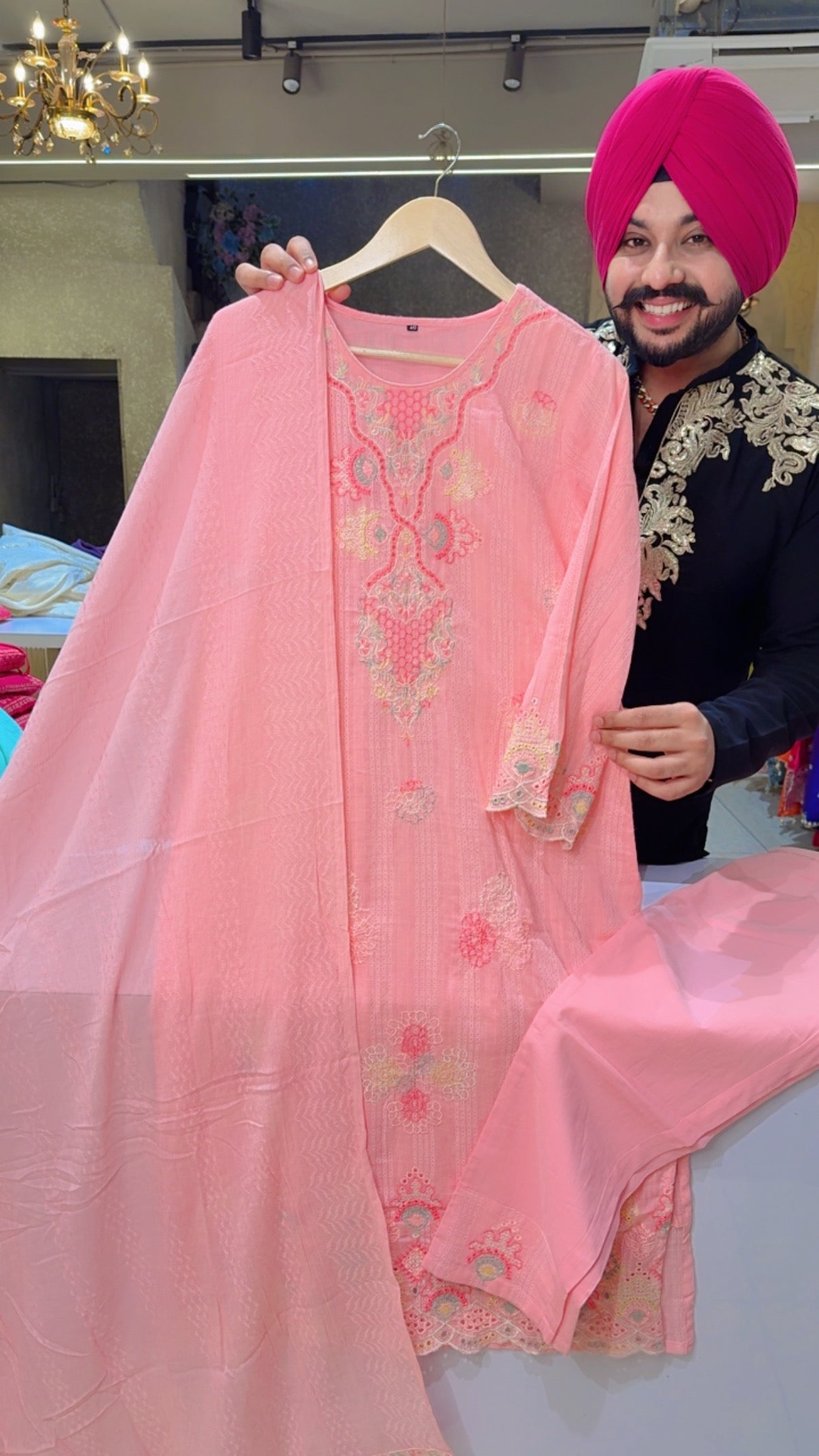 Pastel Pink Soft Dobby Cotton Fully embroidered Kashmiri Suit