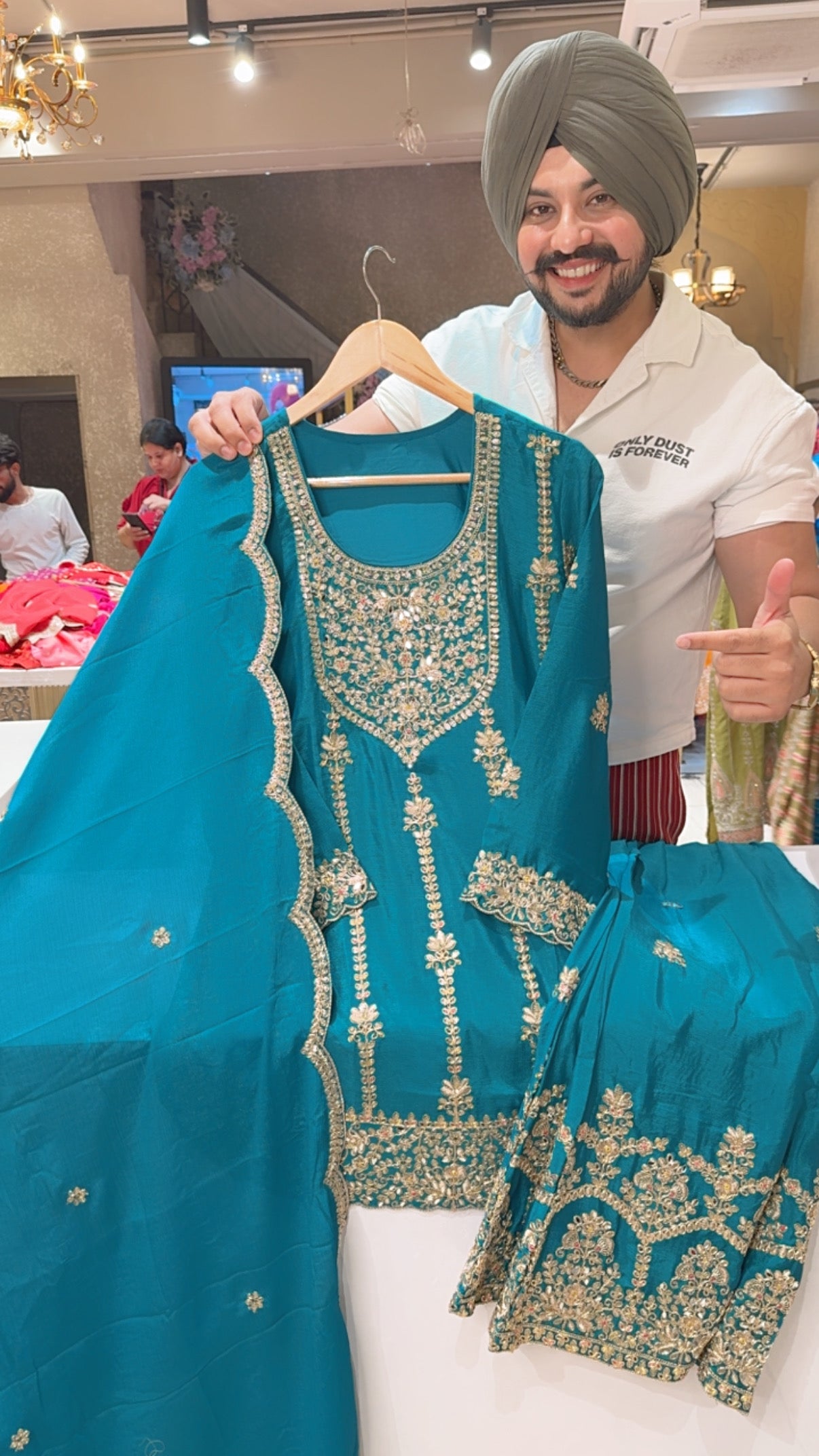 Ramagreen Chinon Heavy Embroidered & Mirror Pasting Bell Bottom Indowestern Suit