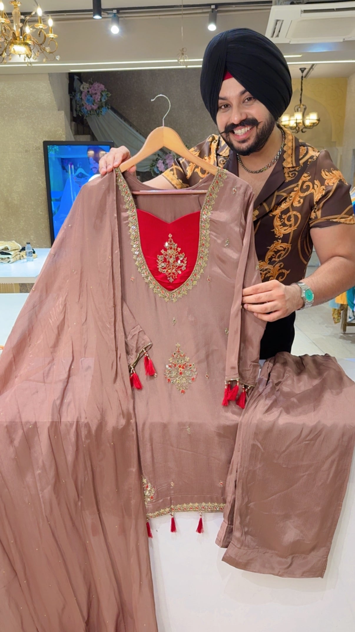 English Brown Chinon Designer Neck Beautiful Hand Embroidered Indowestern suit