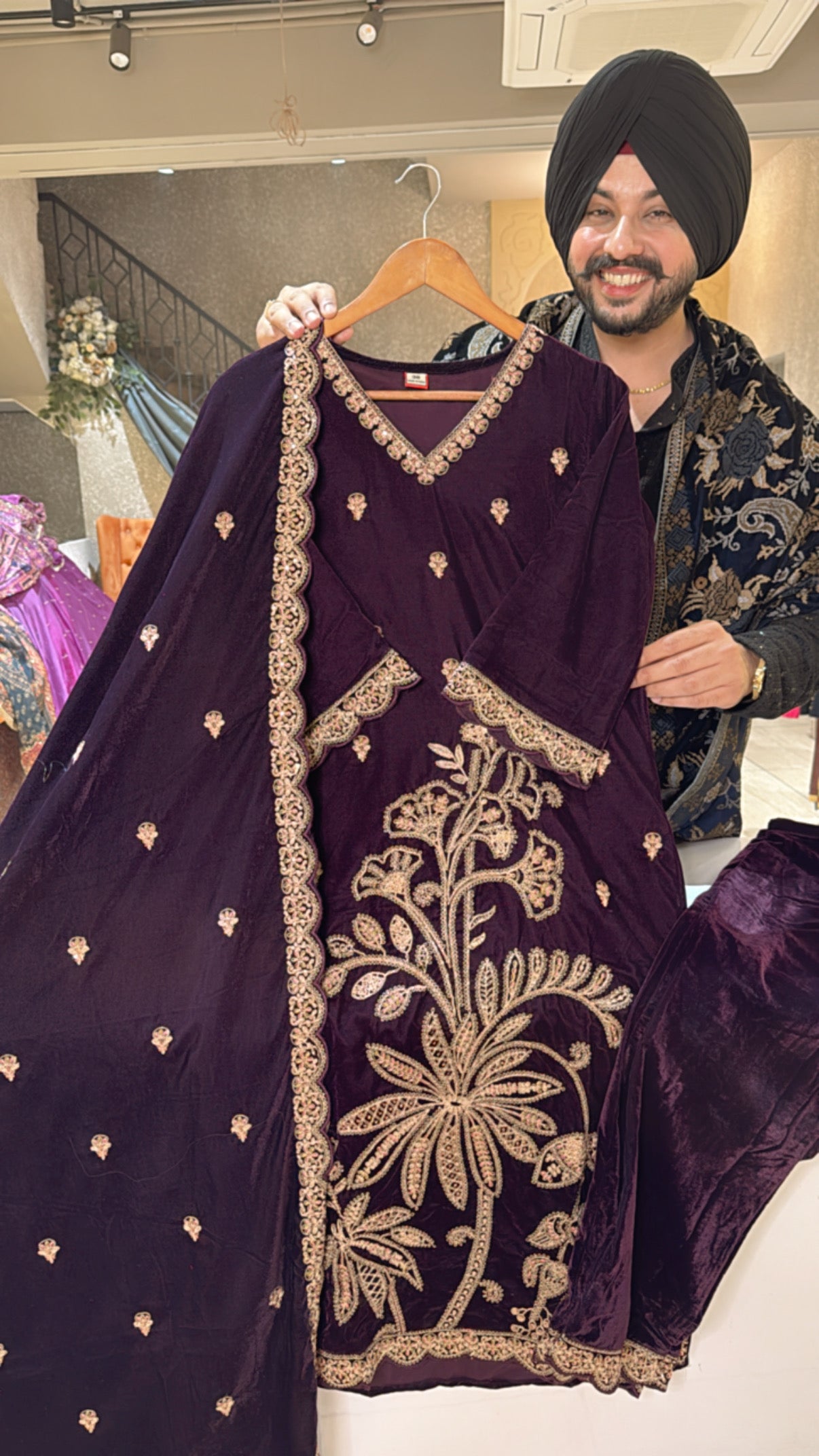 Wine Velvet Heavy embroidered Pakistani Straight Suits with Beautiful Duppata