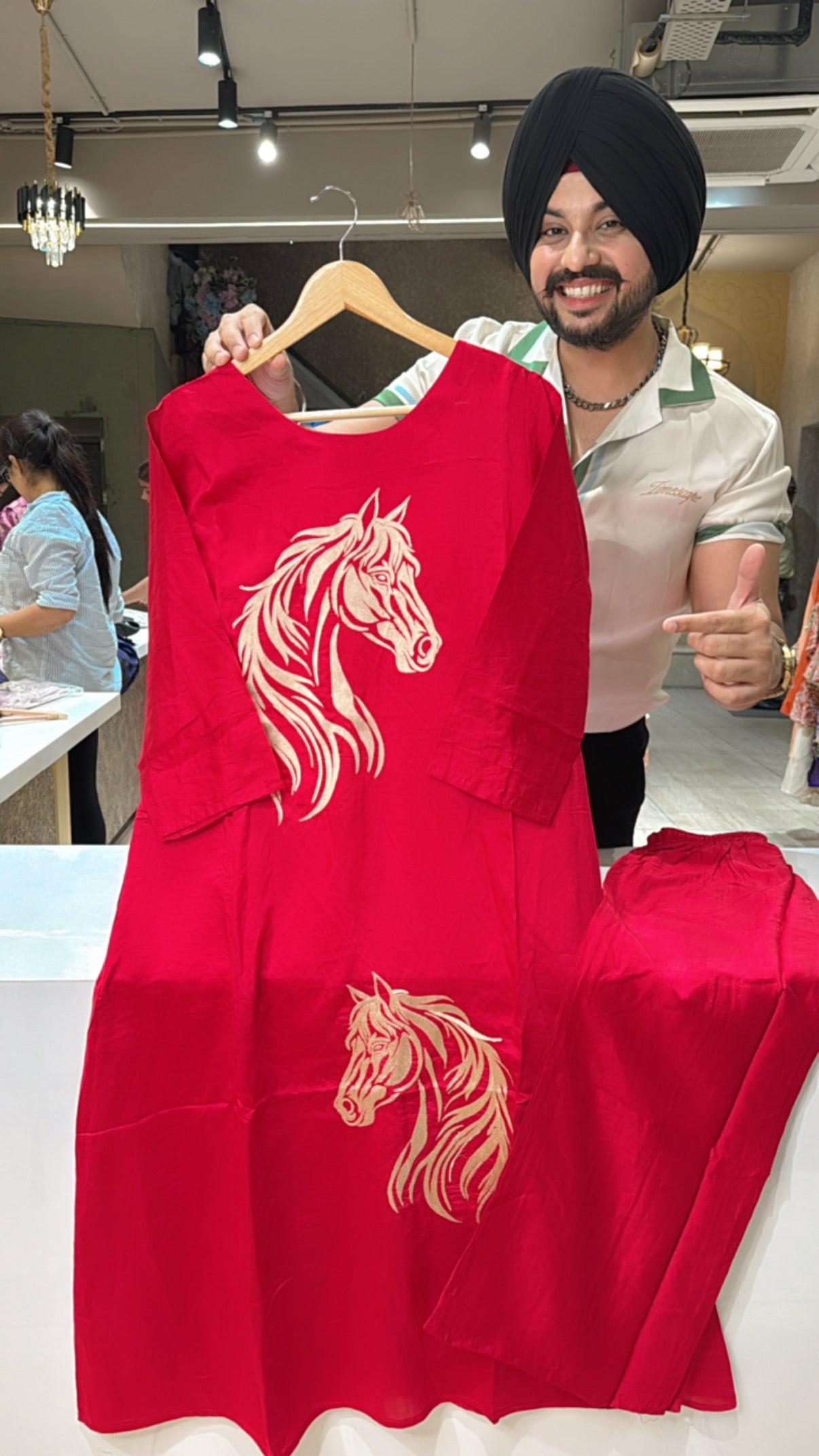 Gajri Red Soft silk Horse Embroidered Long Length Aline Coord set