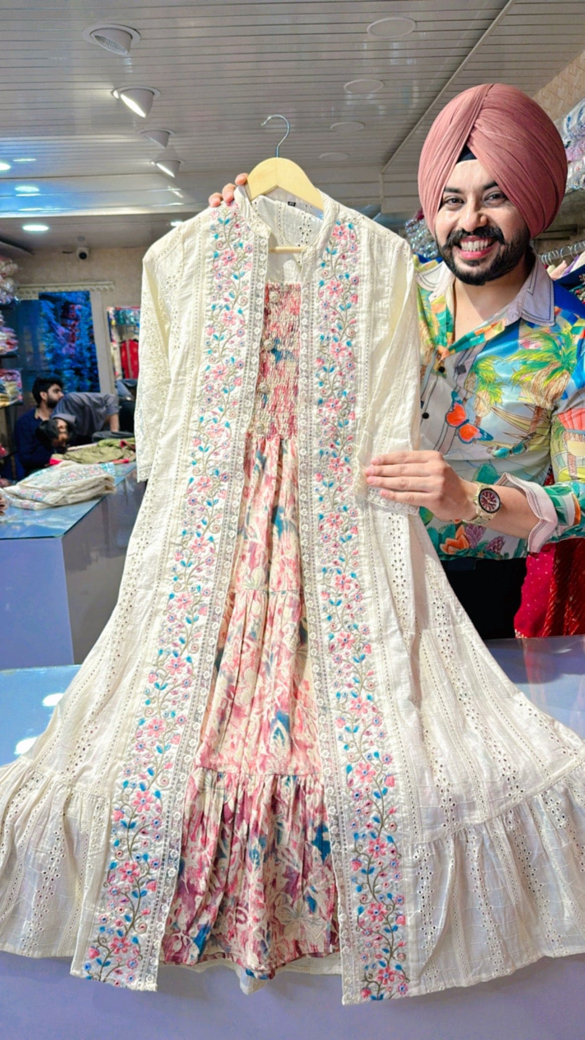 Pure Cotton printed  Indowestern Dress with Beautiful Off white embroidered Shrug