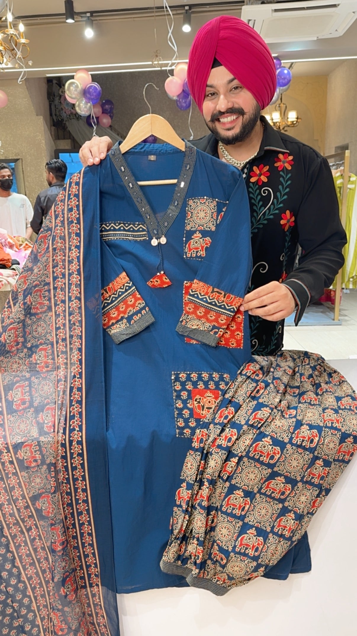 Blue Pure Cotton Elephant Print Office Wear Suit With Stylish Pathani Pants