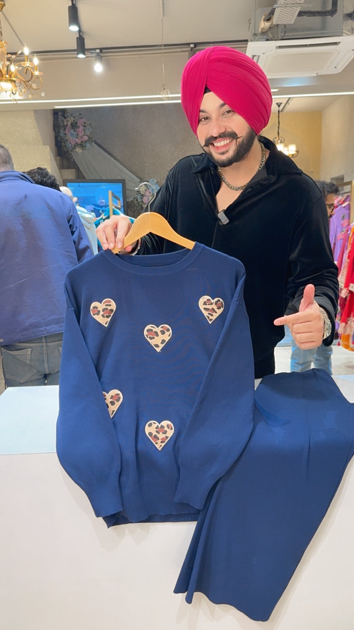 Dark Blue Imported Woolen Fully Stretchable Western Coord set with Heart Patchwork on it