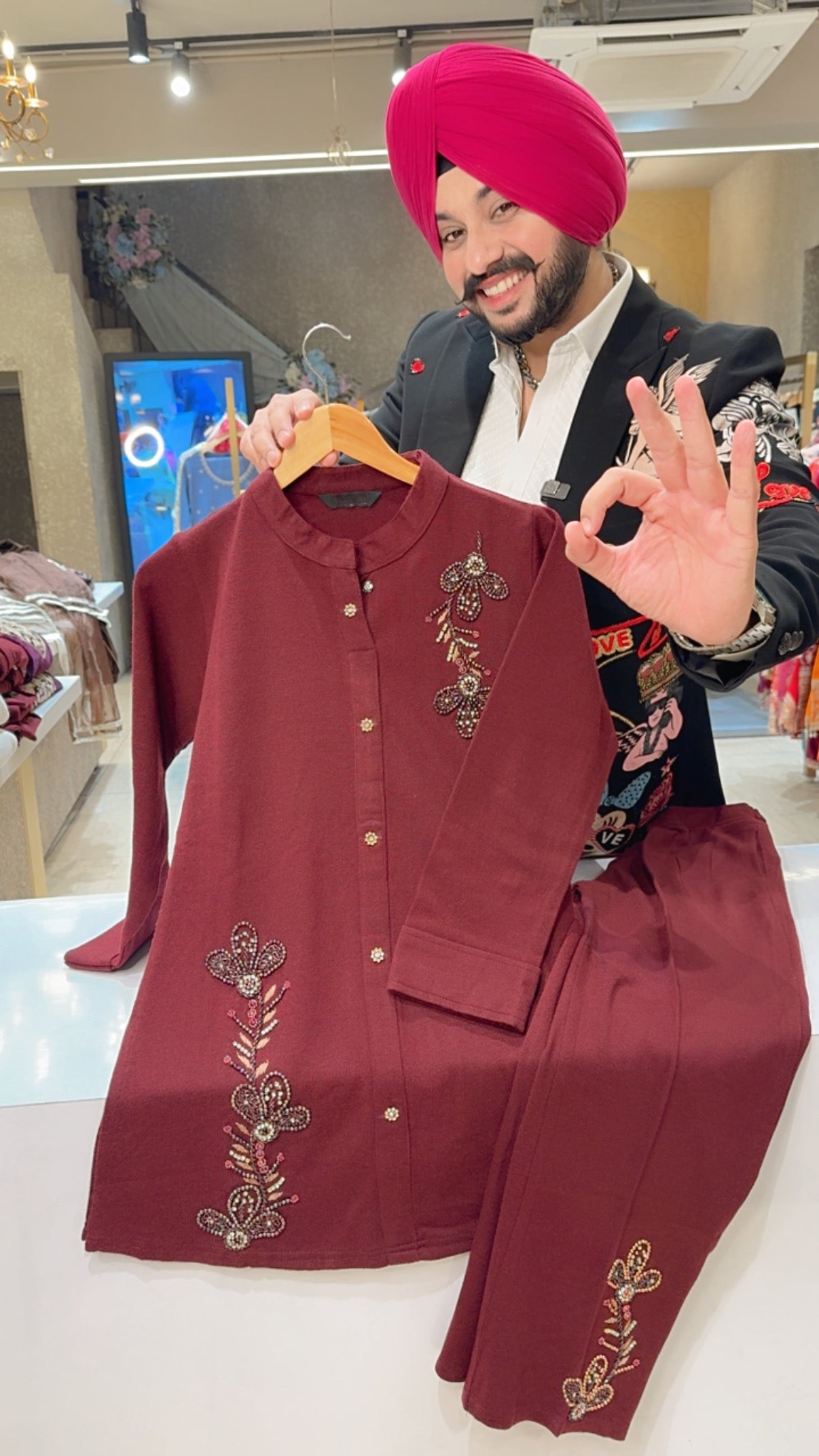 Maroon Strechable Woolen Hand embroidered Party Wear Coord set