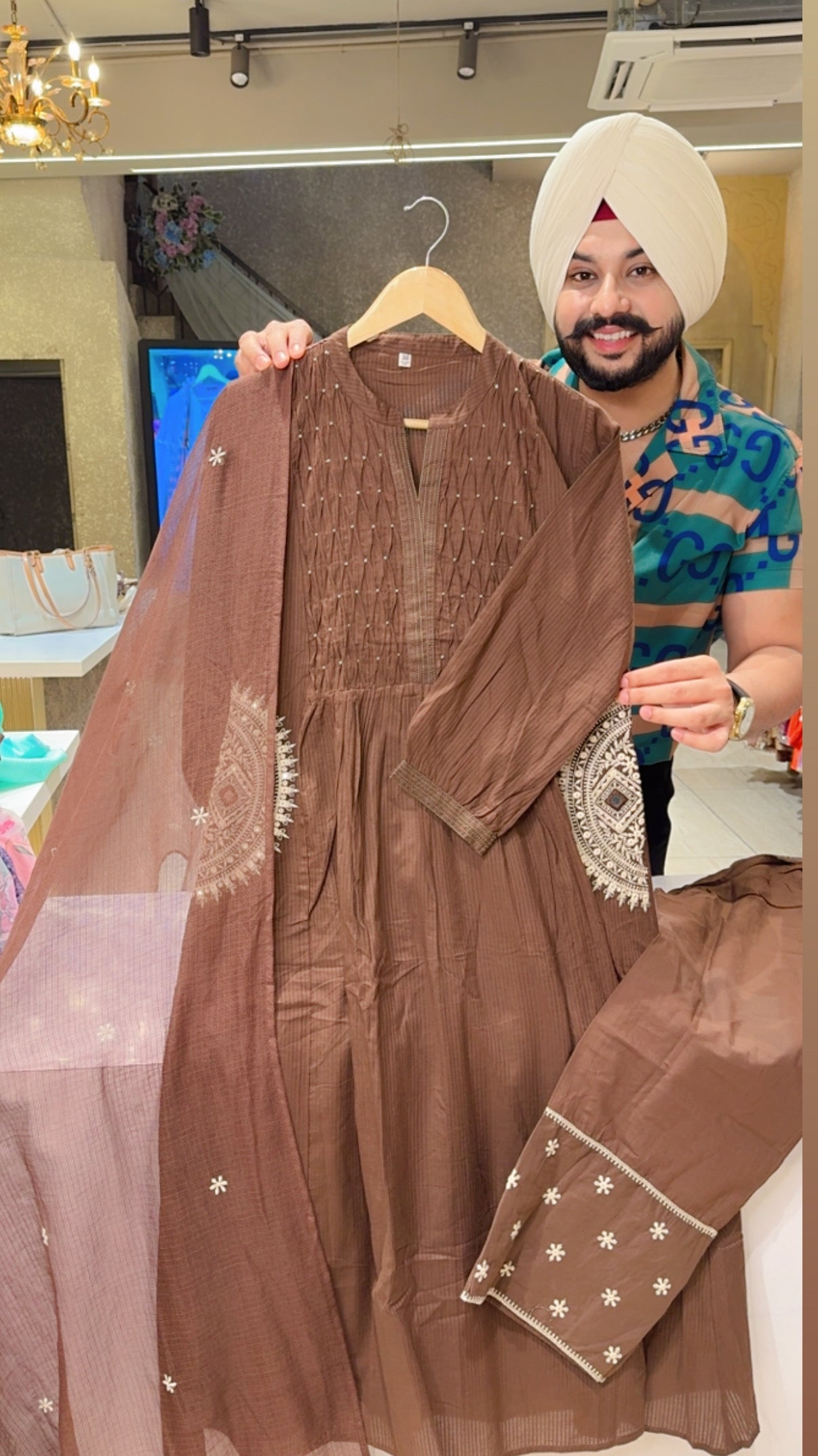 Chocolate Brown Colour Pure Cotton Designer embroidered A-line Suit with Beautiful Kota Doria Duppata