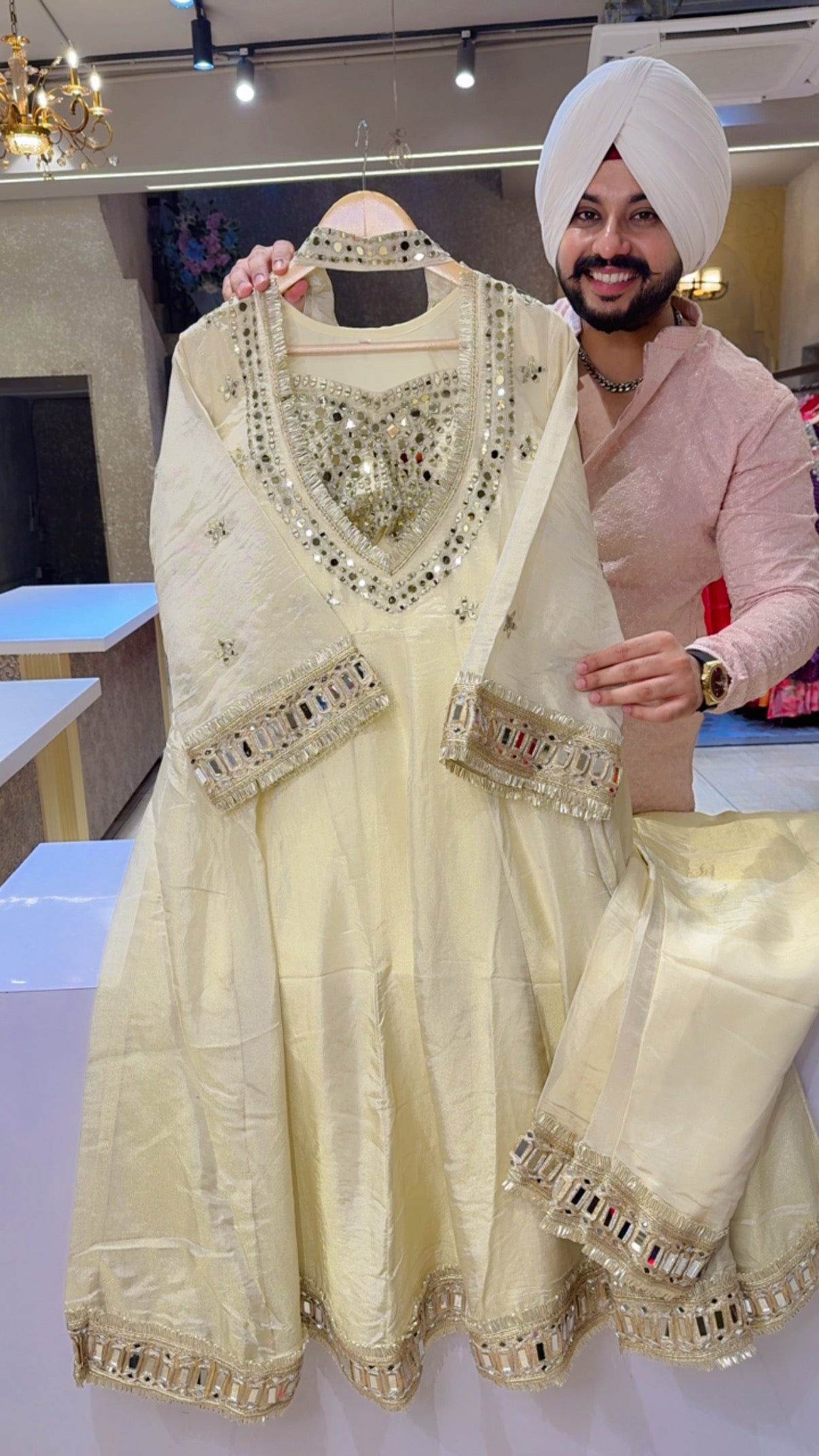Off white Shimmer Slilk Mirror work Anarkali Suit with Heavy bustier & Necklace Duppata