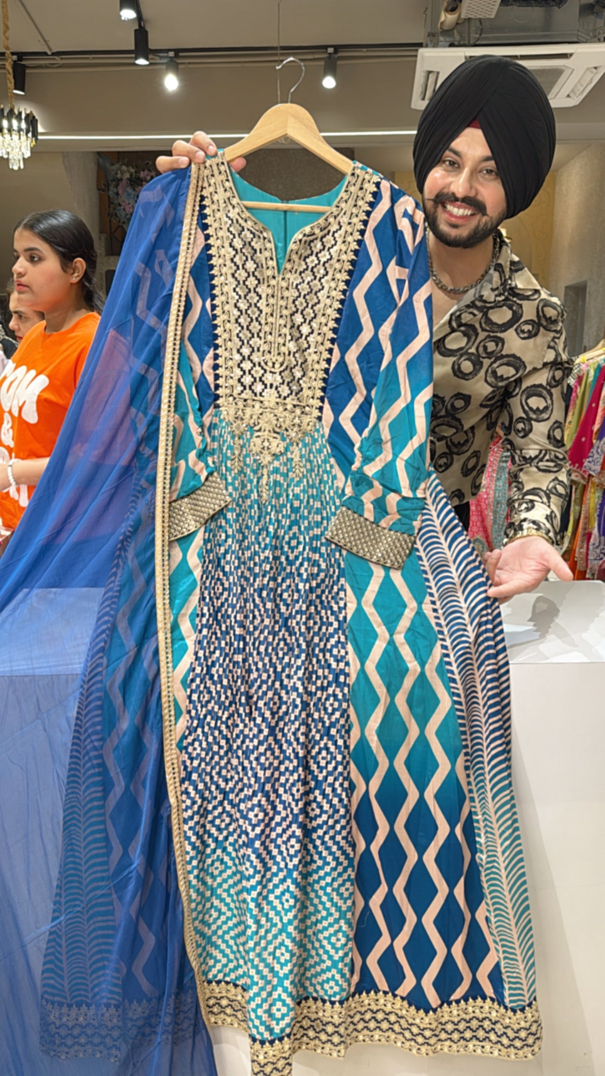 Royal blue Chinon Front Gathering Anarkali Gown with Beautiful Embroidery work on neck