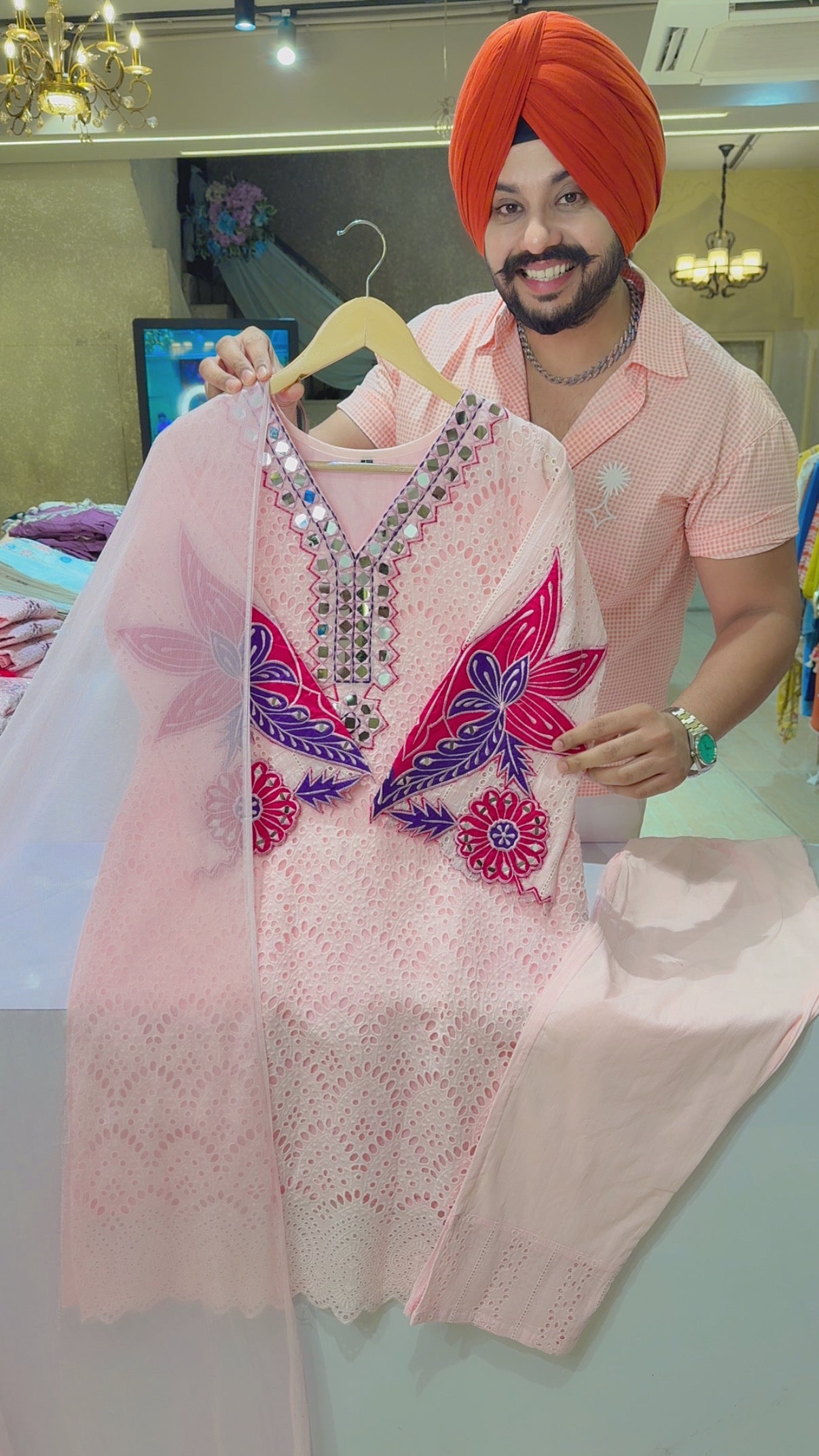 Baby Pink Cotton Shifli Chicken & Mirror work Party Wear  Suit with Designer Sleeves