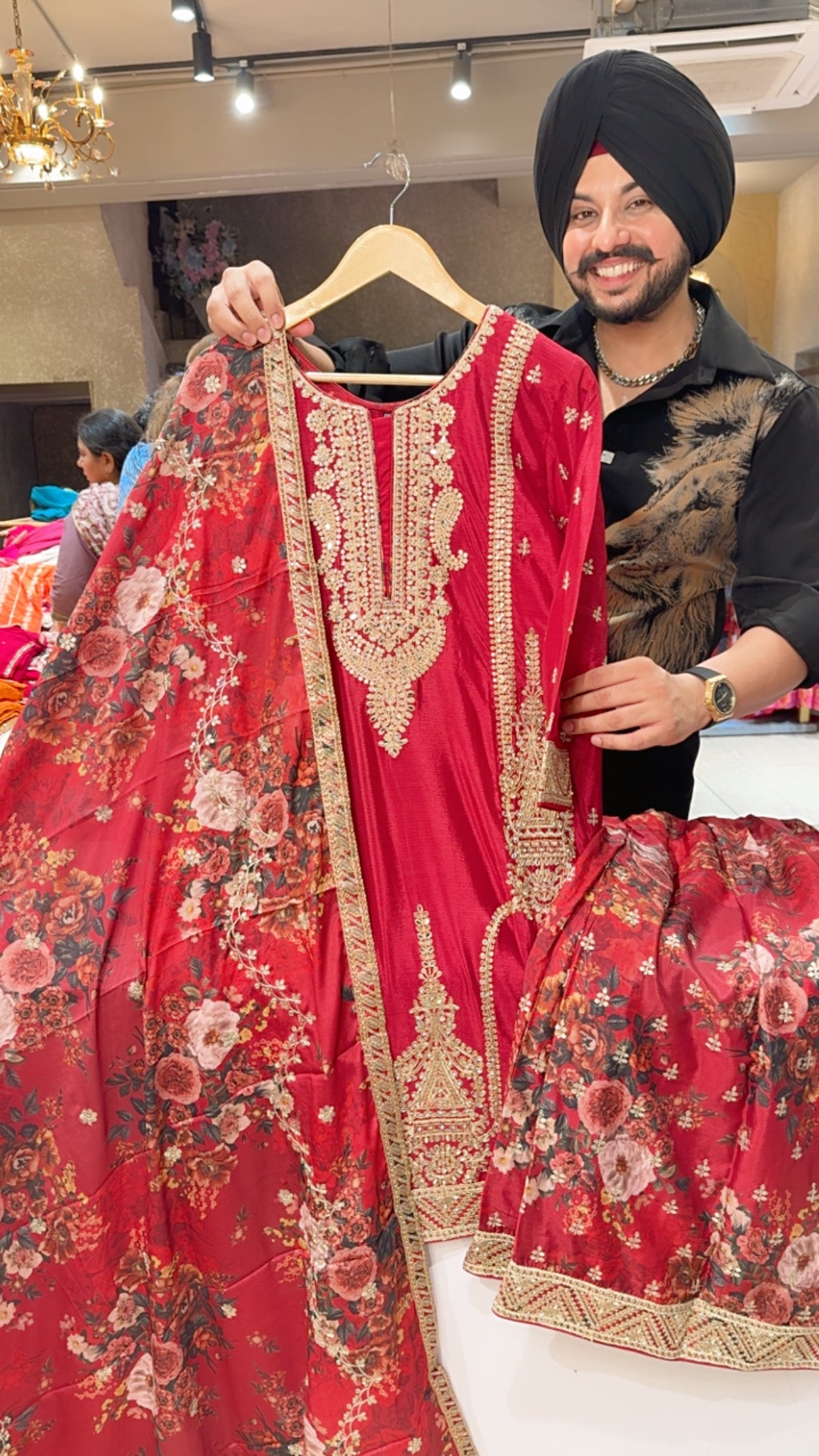 Cherry Colour Chinon Heavy Embroidered Suit with Gloral Print Plazo & Duppata