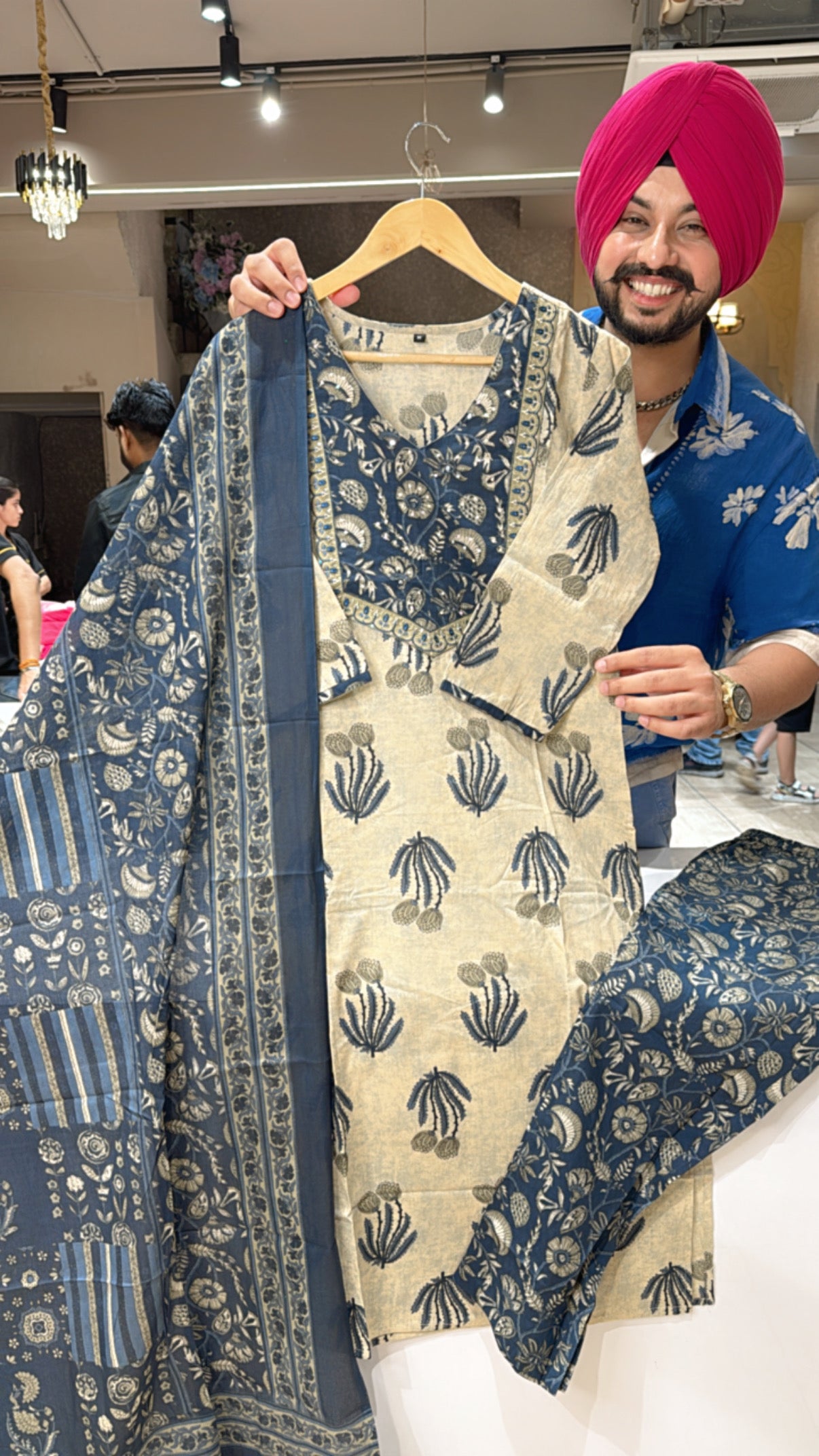 Light Beige & Blue Pure Cotton Office Wear straight suit with Sleek embroidery Work on neck