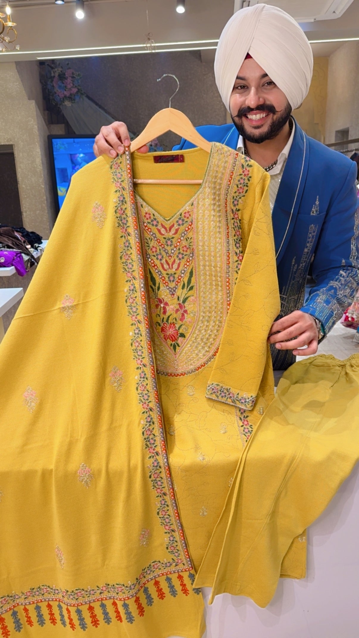 Yellow Woolen Heavy embroidered Party wear Straight Suit with Beautiful Embroidered Duppata