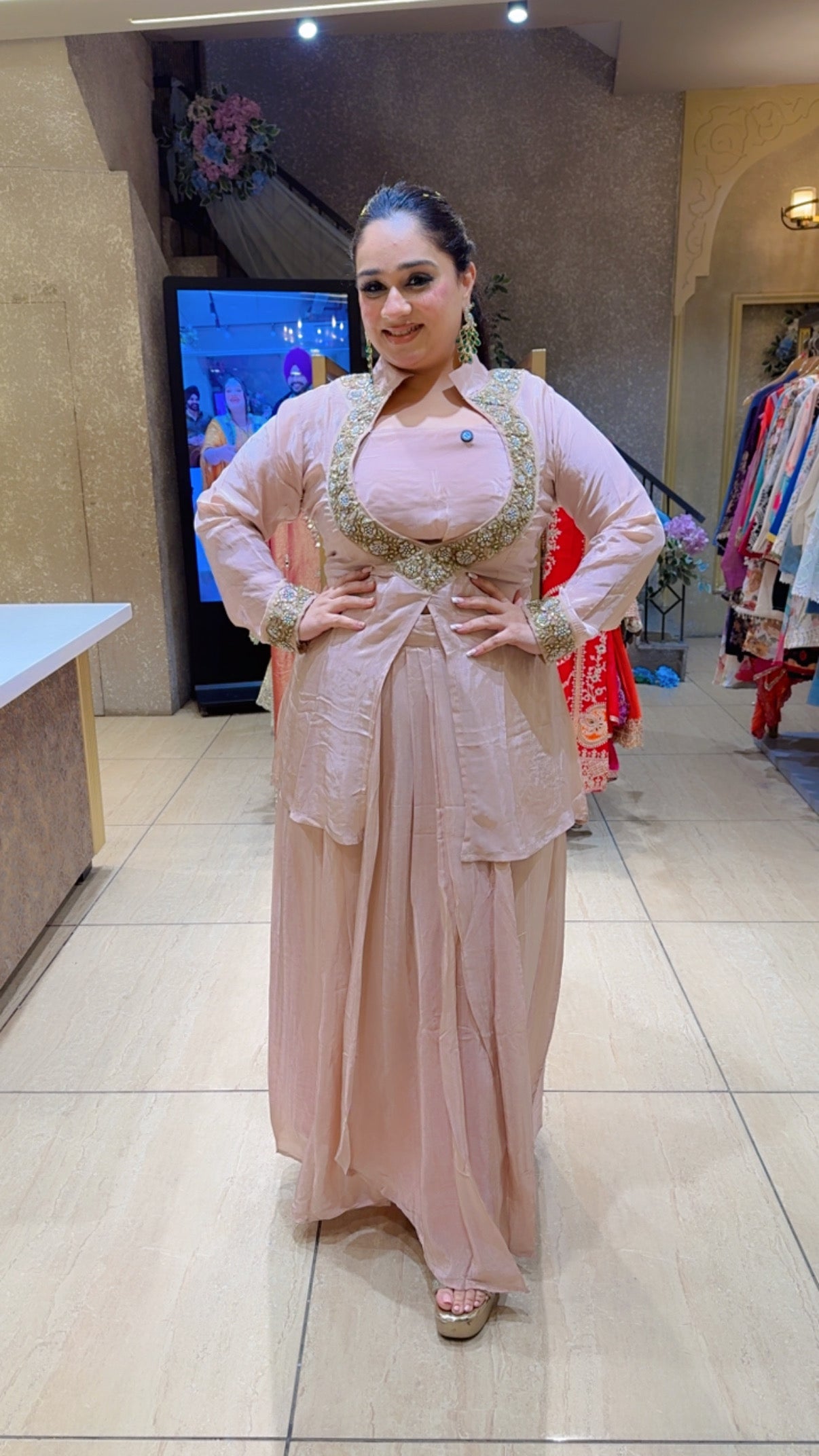 Nude Pink Crepe Hand embroidered Indowestern Front Slit Drape skirt Set with stylish