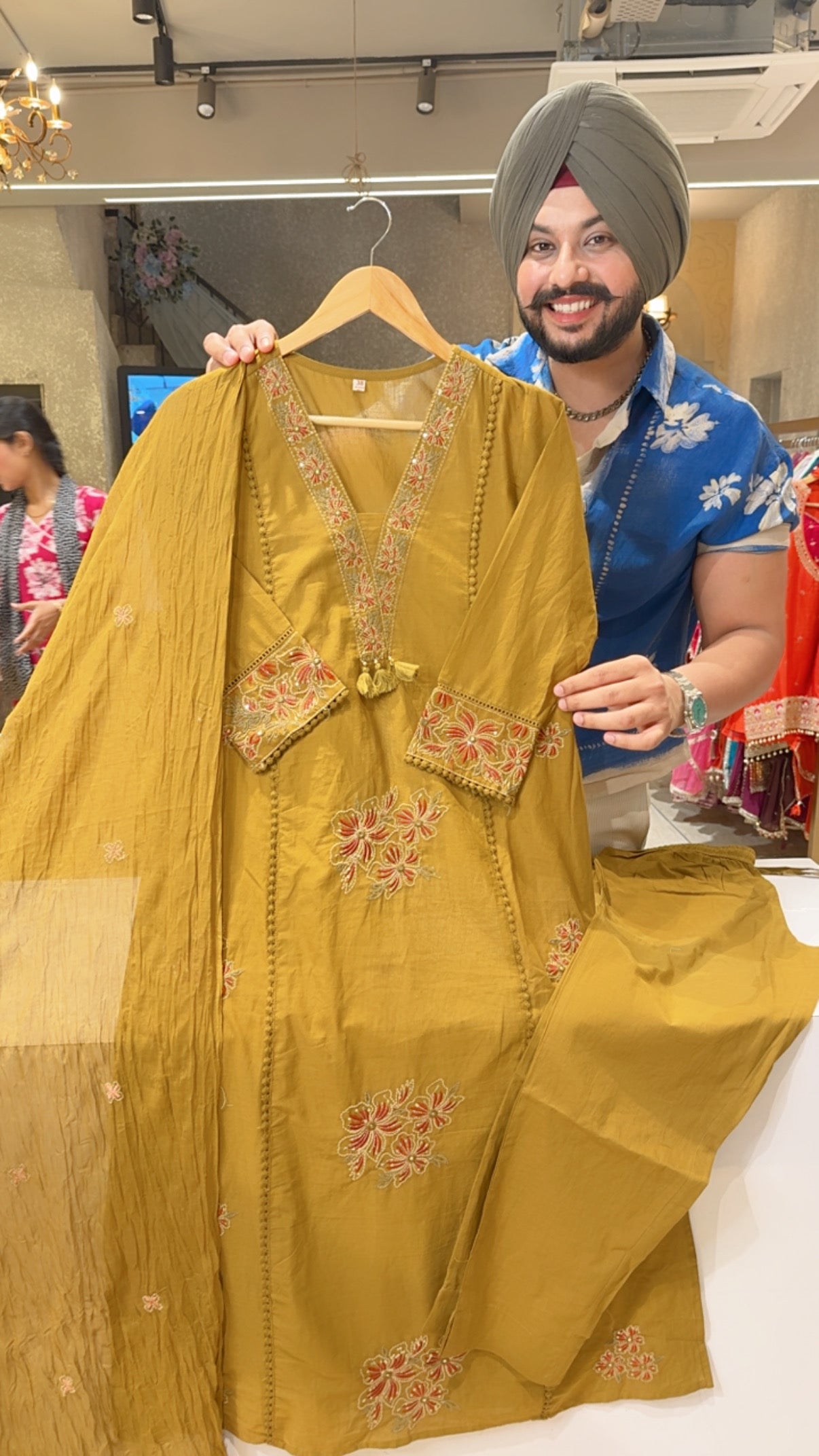 Light Mehendi Pure Cotton Embroidered Semiformal Suit with Crush Duppata