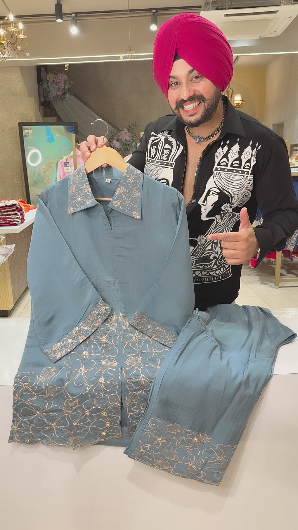 Greyish Blue Mal Chanderi floral Embroidered Semi Formal Coord set