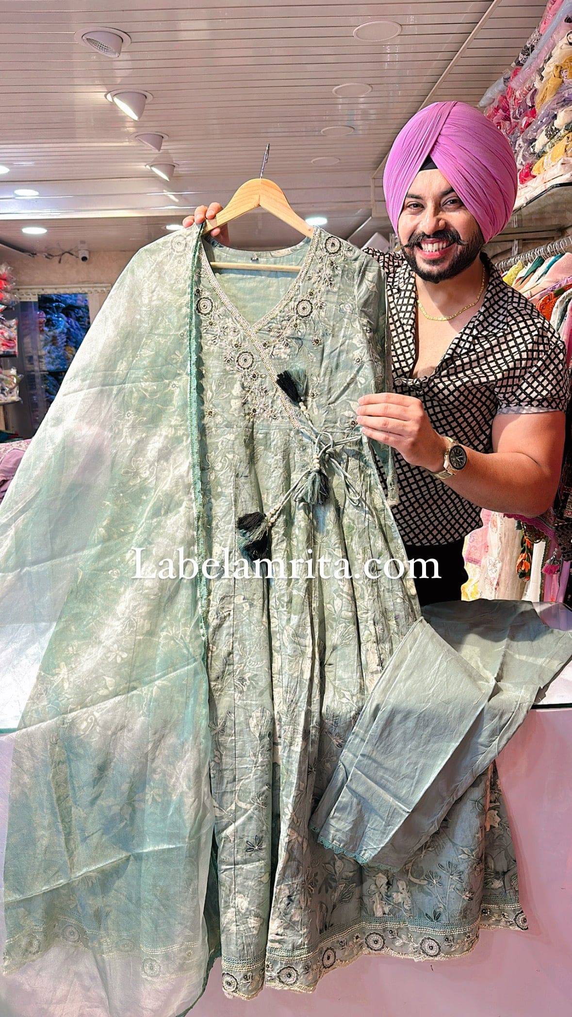 Olive green Pure Cotton Angrakha Anarkali Suut with Beautiful Organza Duppata