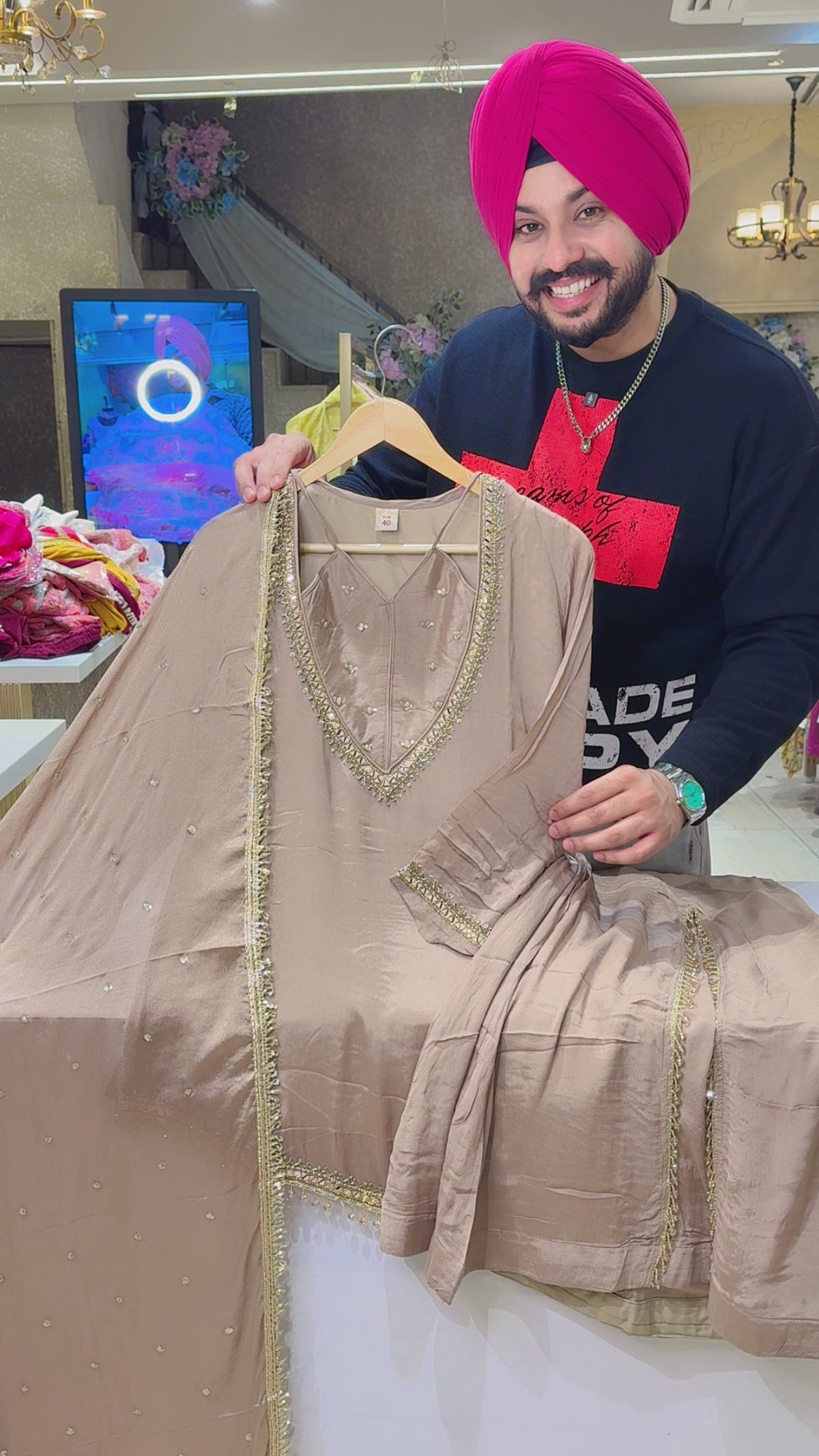 Nude Biege Chinon Designer Neck U Cut Sharara Set