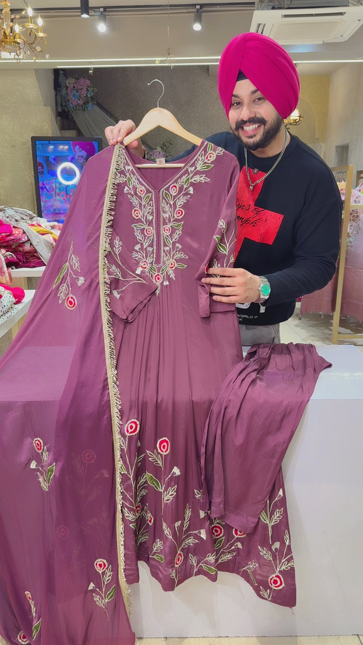 English Mauve Chinon Gotta Hand embroidered Party wear Anarkali Suit