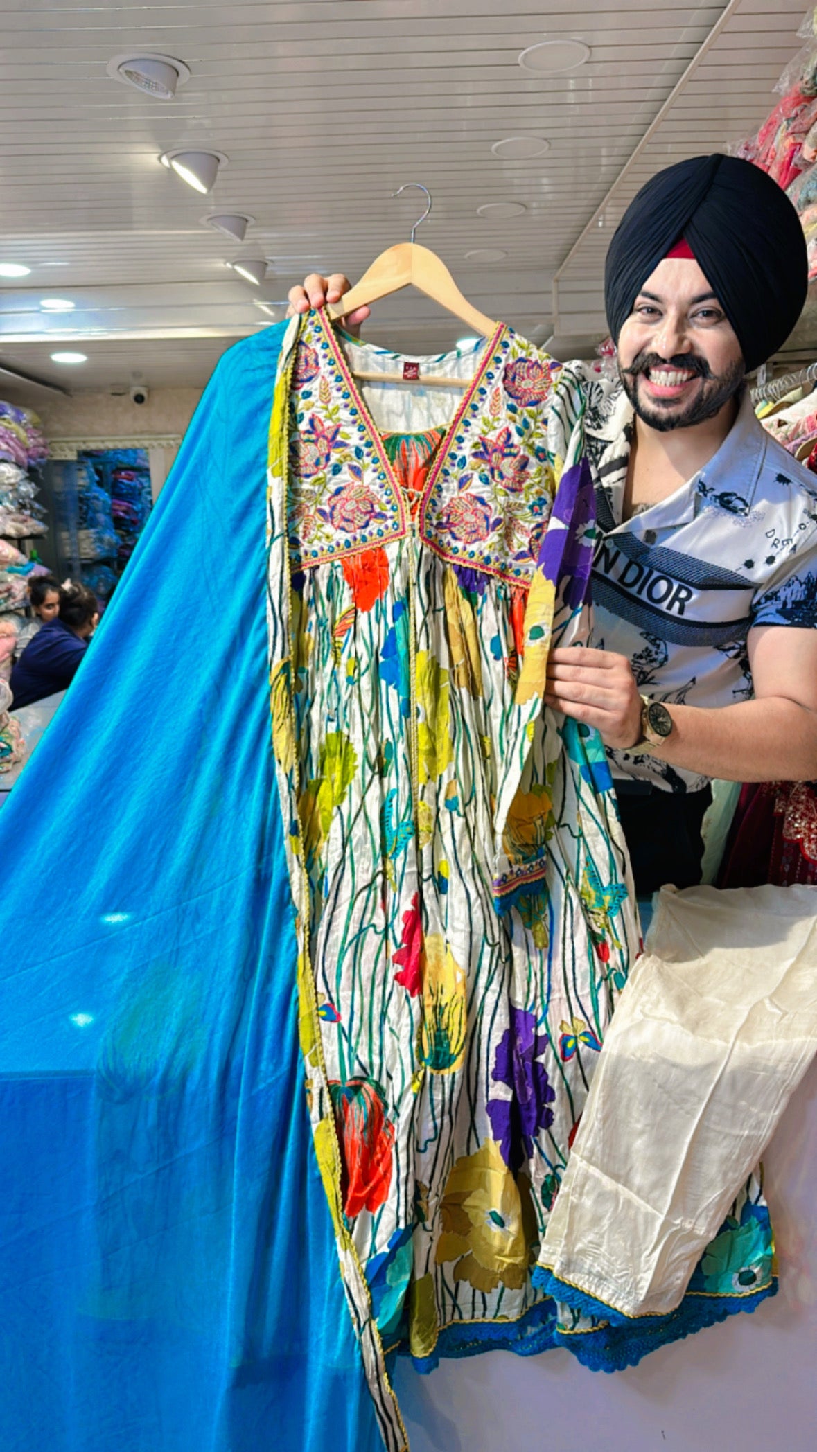 White multi coloured Muslin silk Alia Anarkali Suit With Beautiful Embroidery work on neck