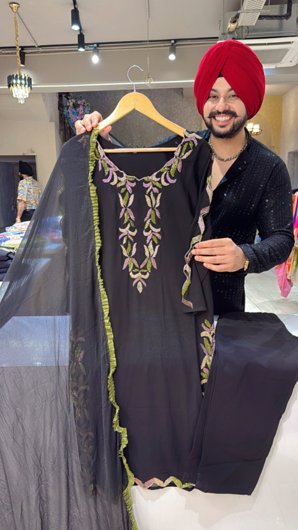 BLack Georgette Party wear Straight Suit with Hand embroidery work on Neck , Border & Designer Sleeves