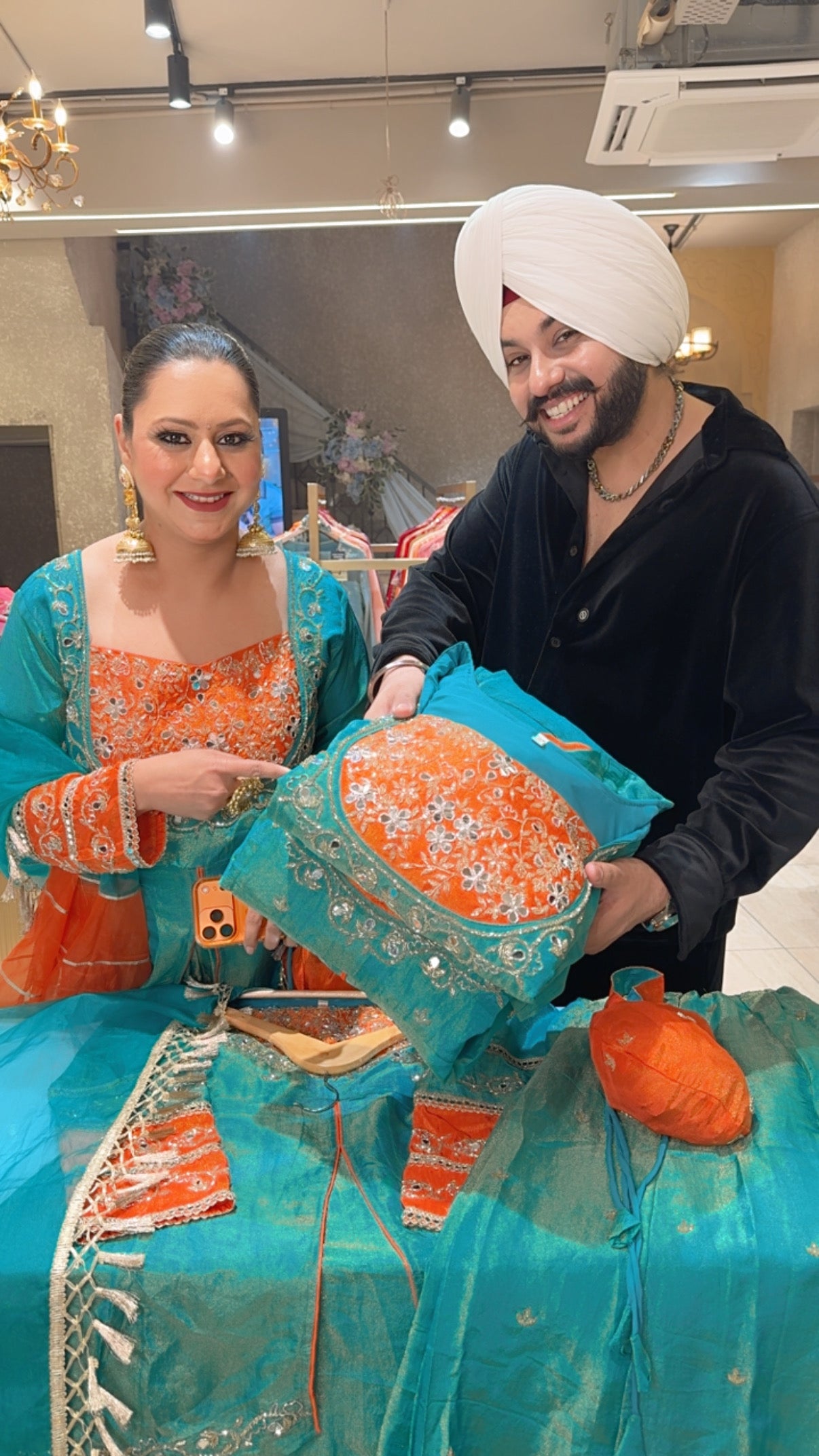 Sea Green Shimmer Silk Hand embroidered Front Slit Paplum Sharara Suit with Organza Duppata & Cute Potli