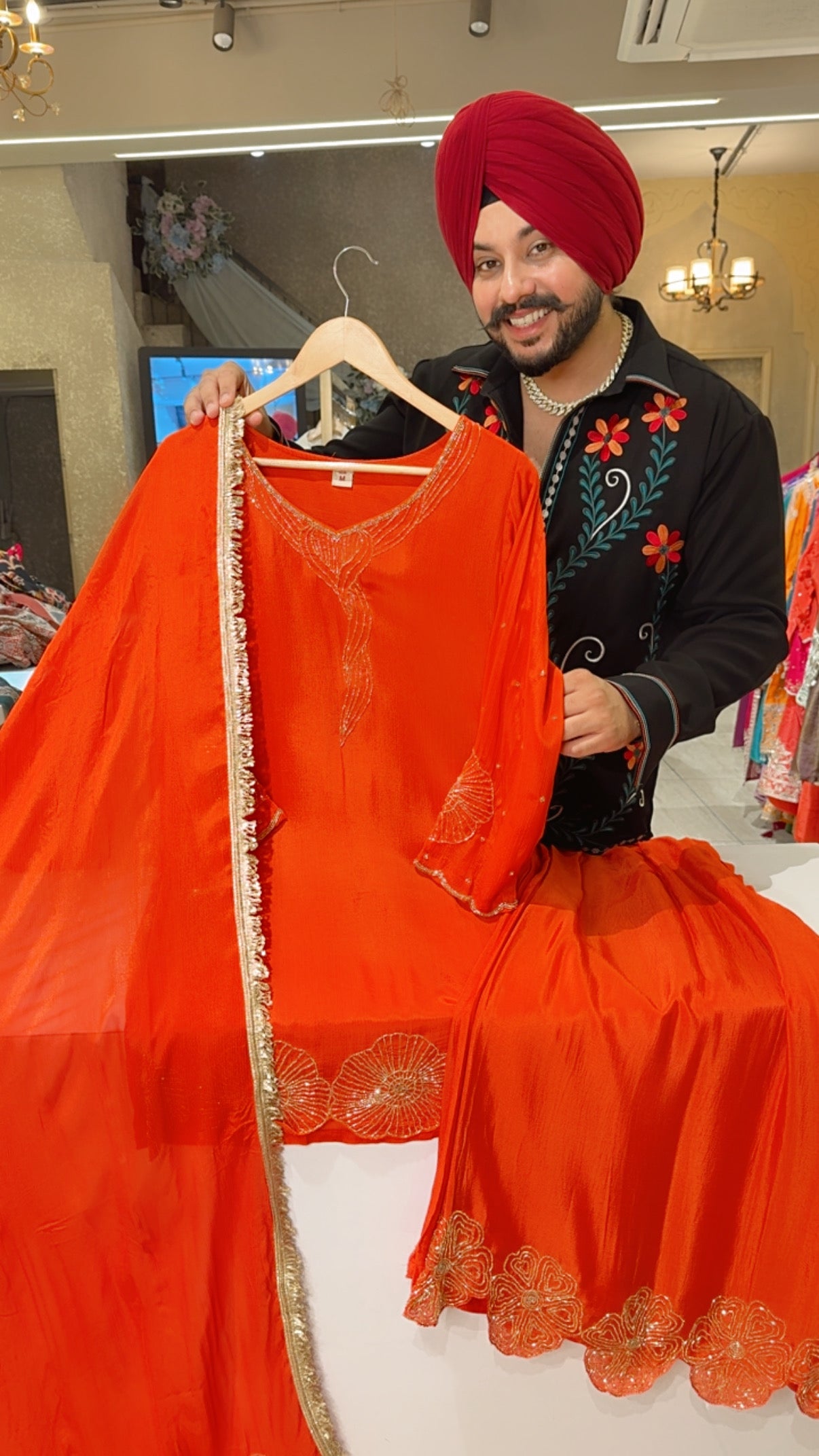 Orange Chinon Floral Hand Embroidered Party Wear Sharara suit