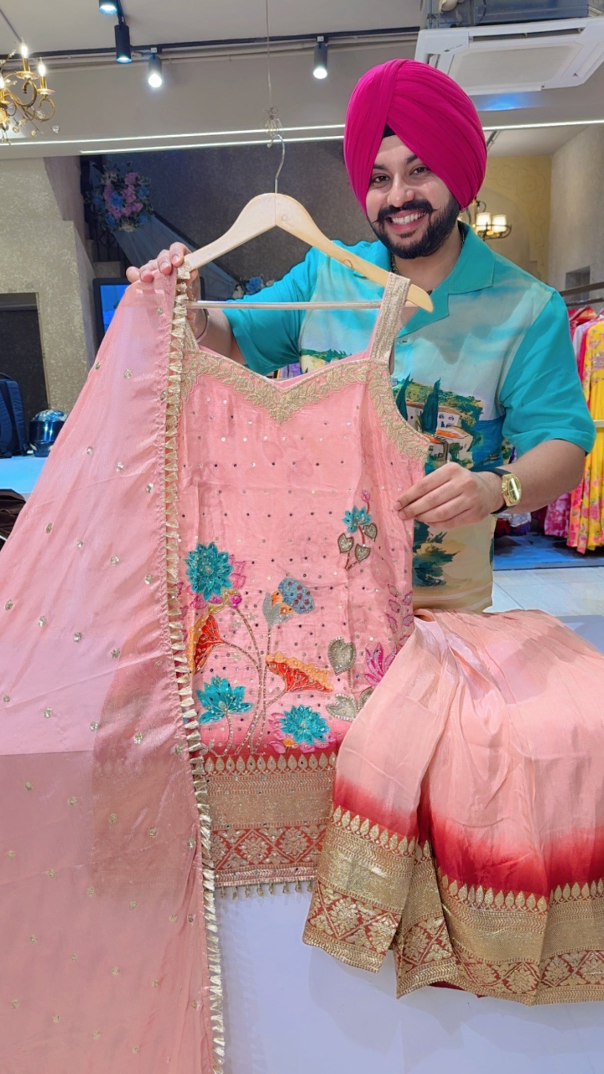 Pastel Pink Soft Silk Heavy Hand embroidered & Sequins Work Strap Sleeves Sharara suit with Heavy Chinon Duppata