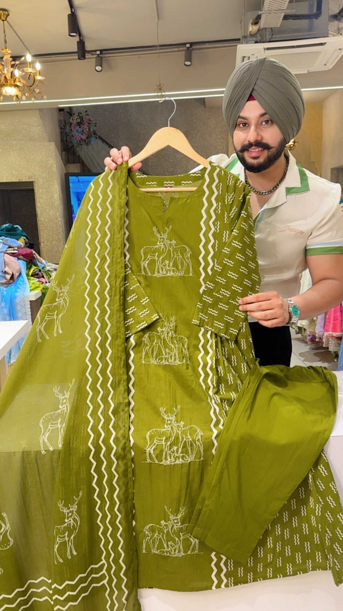 Light Mehendi Deer Print Soft Cotton A-line Hand Embroidered Indowestern Suit