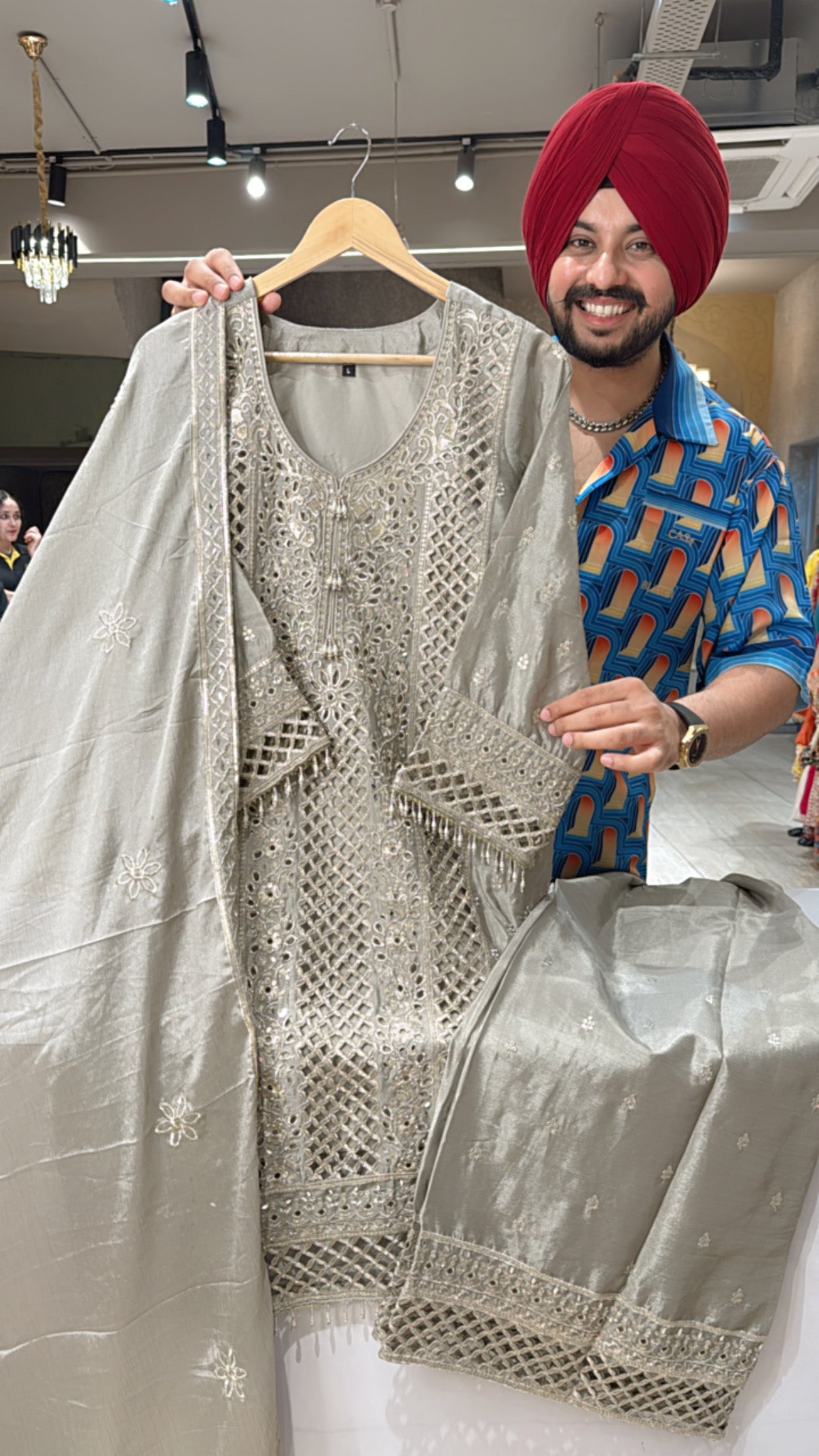 Silverish Grey Chinon Heavy embroidered & Cut Work Patry Wear Plazo Suit with Beautiful Duppata