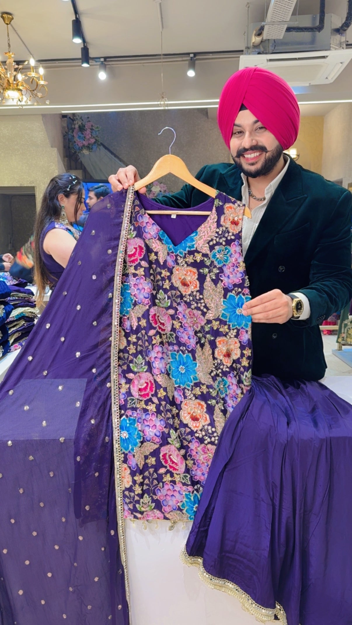 Purple Crepe Heavy Hand embroidered Full Flair Cut Sleeves Sharara Set with Sequins Work Chinon Duppata