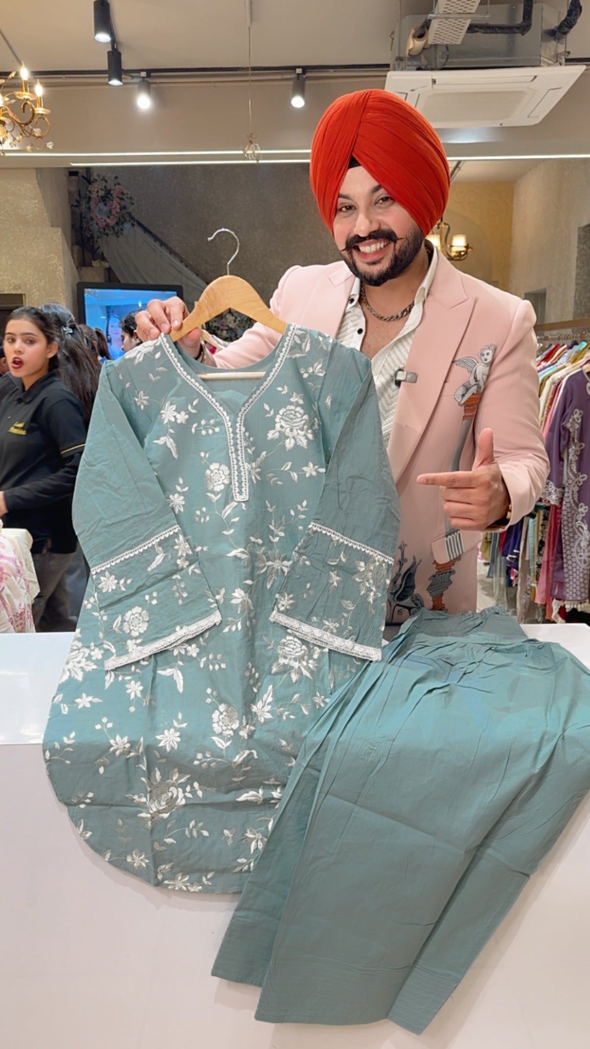 Light Sea Green Pure Cotton Fully Embroidered Apple Cut Farshi Salwar Coord set