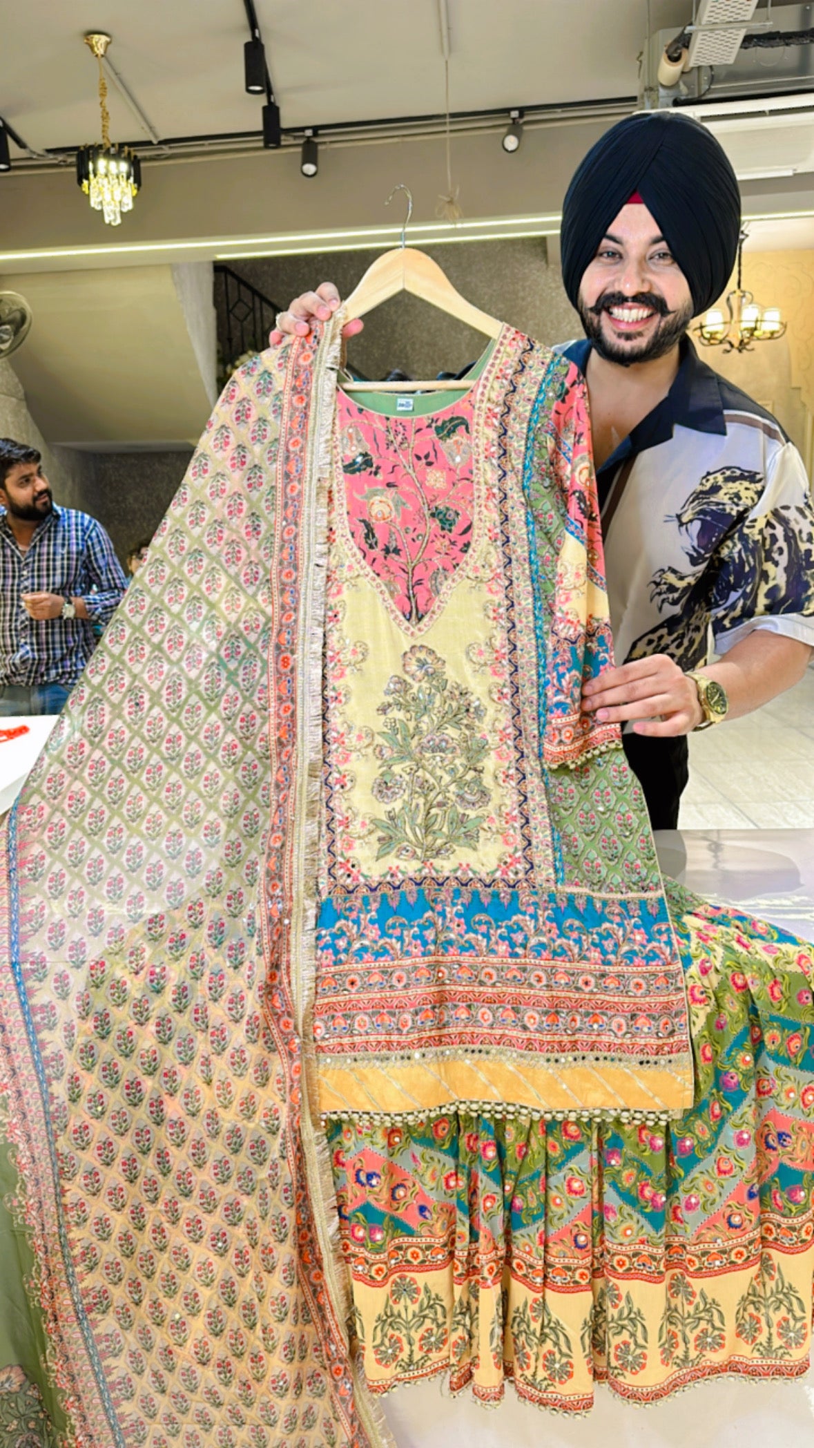 Green & Multicolored Chinon Garara Suit with Heavy Hand work