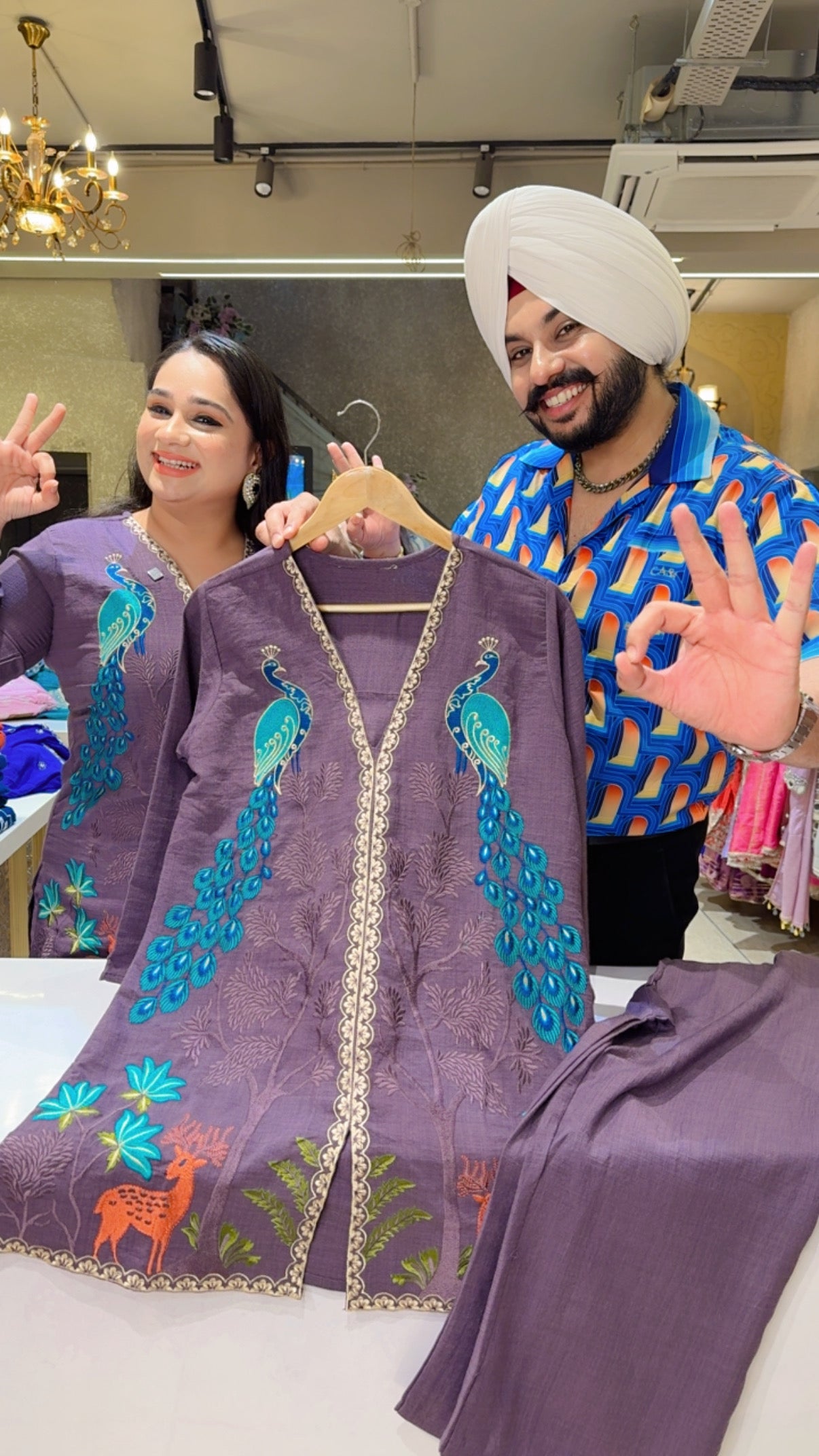 Mauve Soft Linen Peacock Embroidered Party Wear Coord set