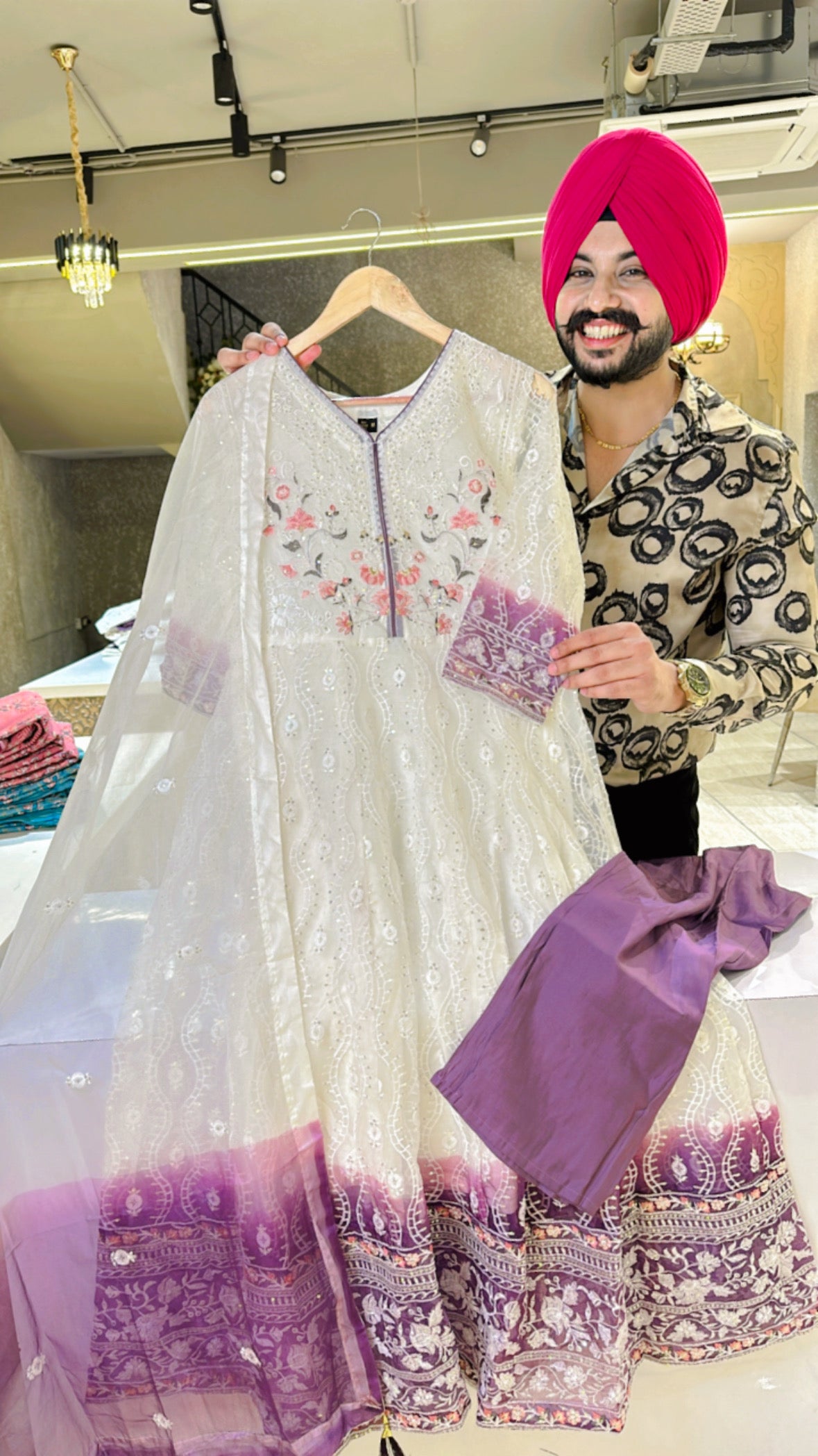 Moon White & purple Organza fully embroidered Anarkali Suit with beautiful Duppata