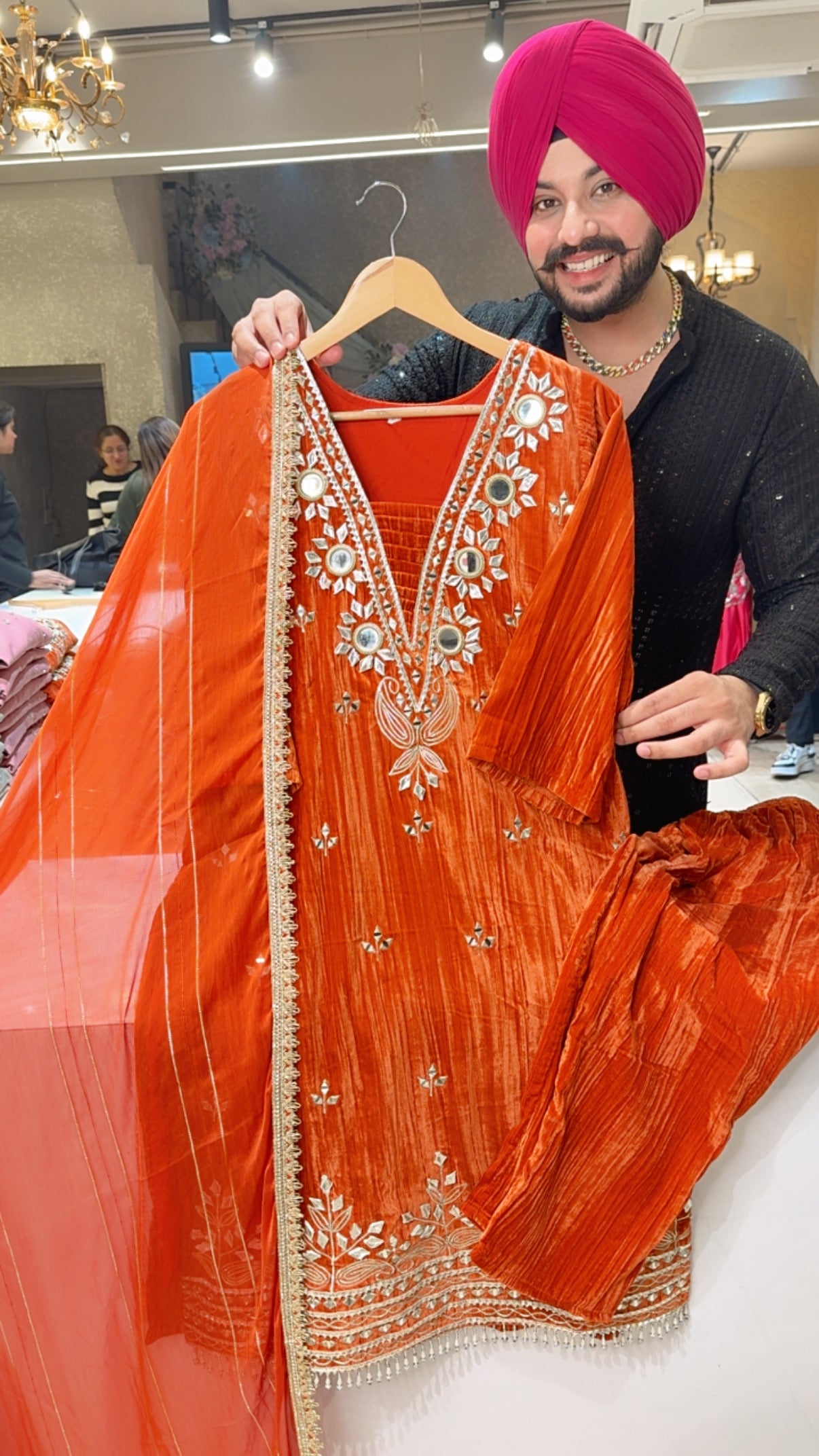 Rusty Orange Crush Velvet Mirror & Gotta Work Straight Suit with Beautiful Chiffon Duppata