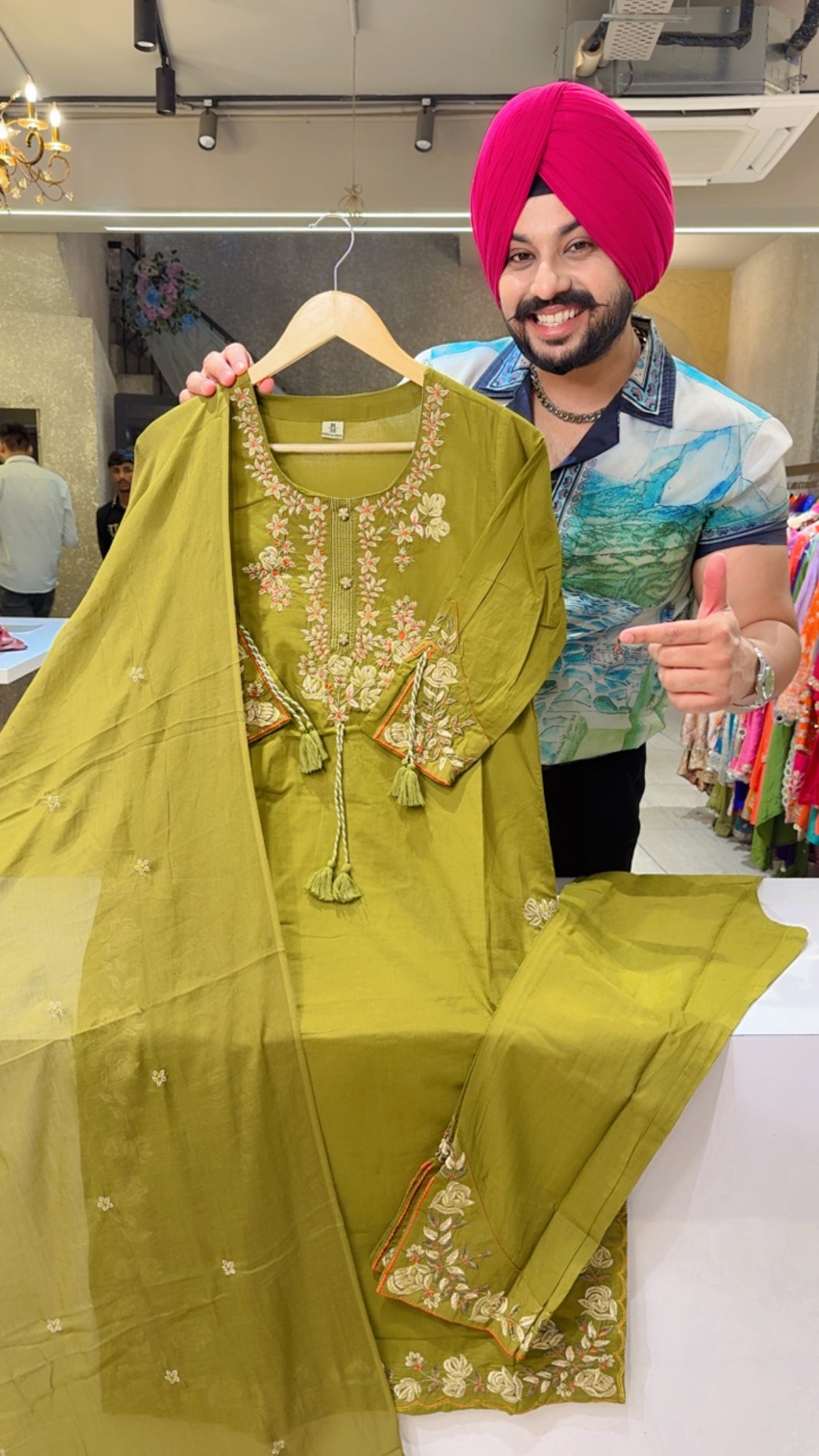 Mehendi Colour Soft Cotton Embroidered Semi formal Suit with Side Slit Sleeves & Pants