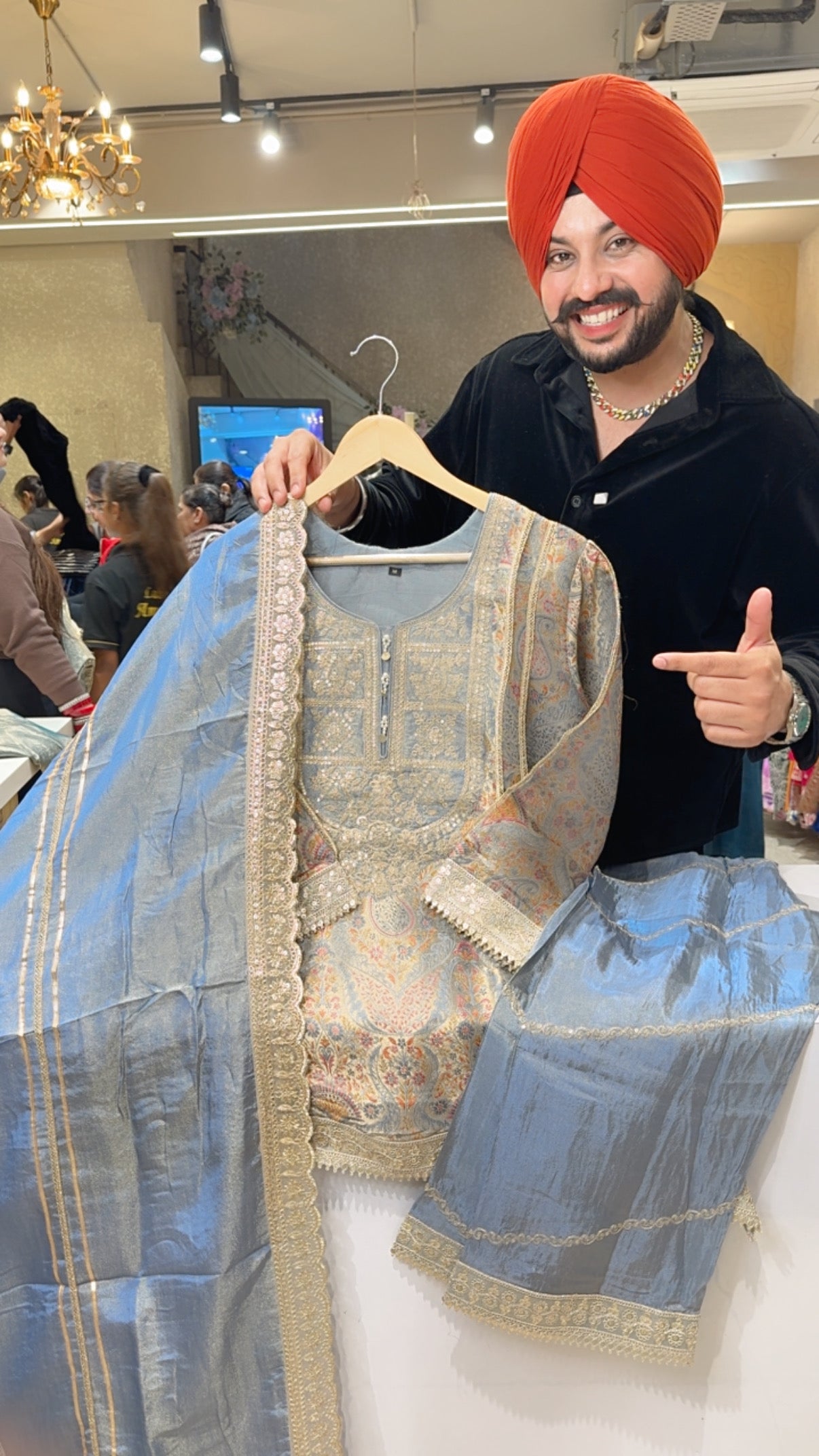 English Grey Soft Brocade Indowestern party Wear Suit with embroidered Duppata