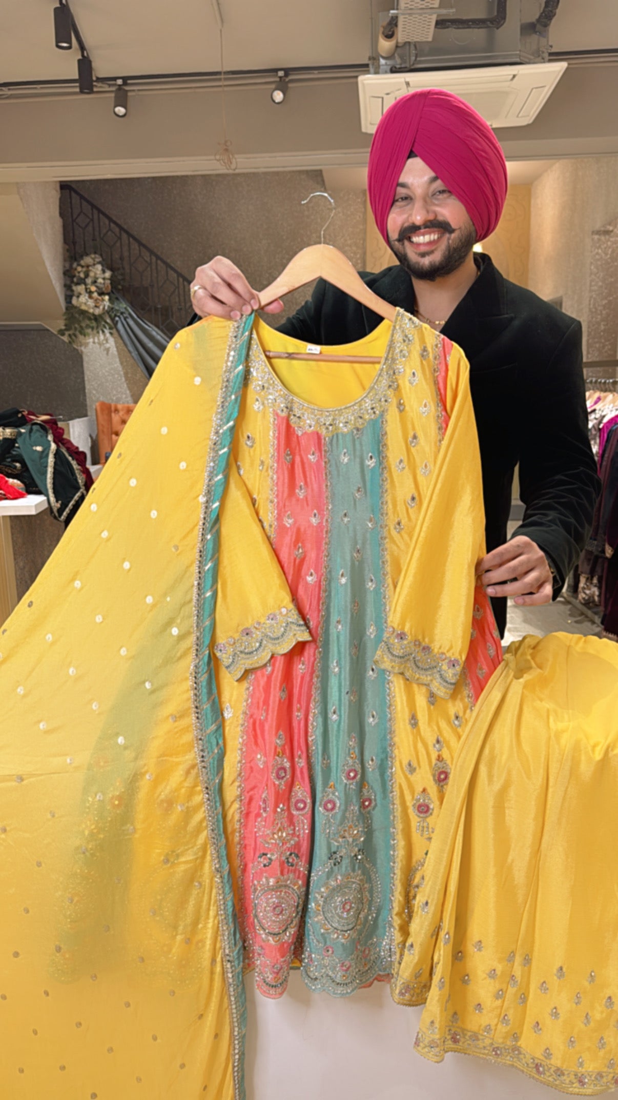 Yellow & Multicolored Chinon Heavy embroidered Paplum Sharara suit