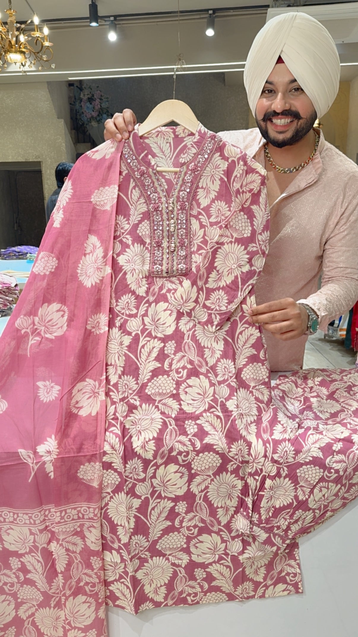 Pastel Pink Pure Cotton Summerish Floral Print Pathani Suit with Sleek Embroidery Work on neck